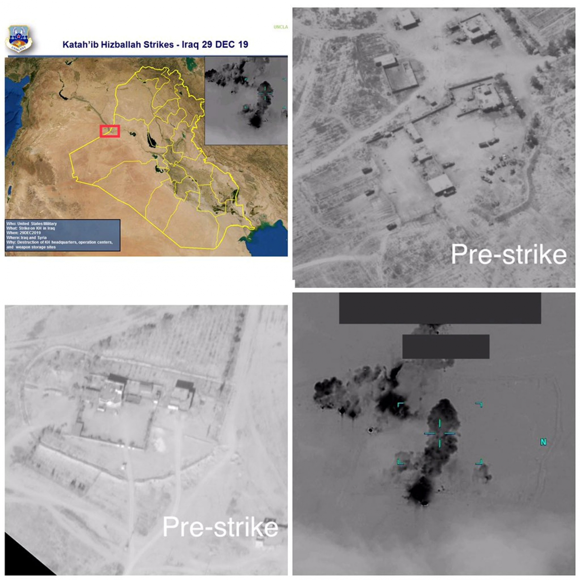 A combination of images depicts what the US military says are bases of the Kataib Hezbollah militia group that were struck by US forces A combination of satellite images showing the before and after of a US air strike.