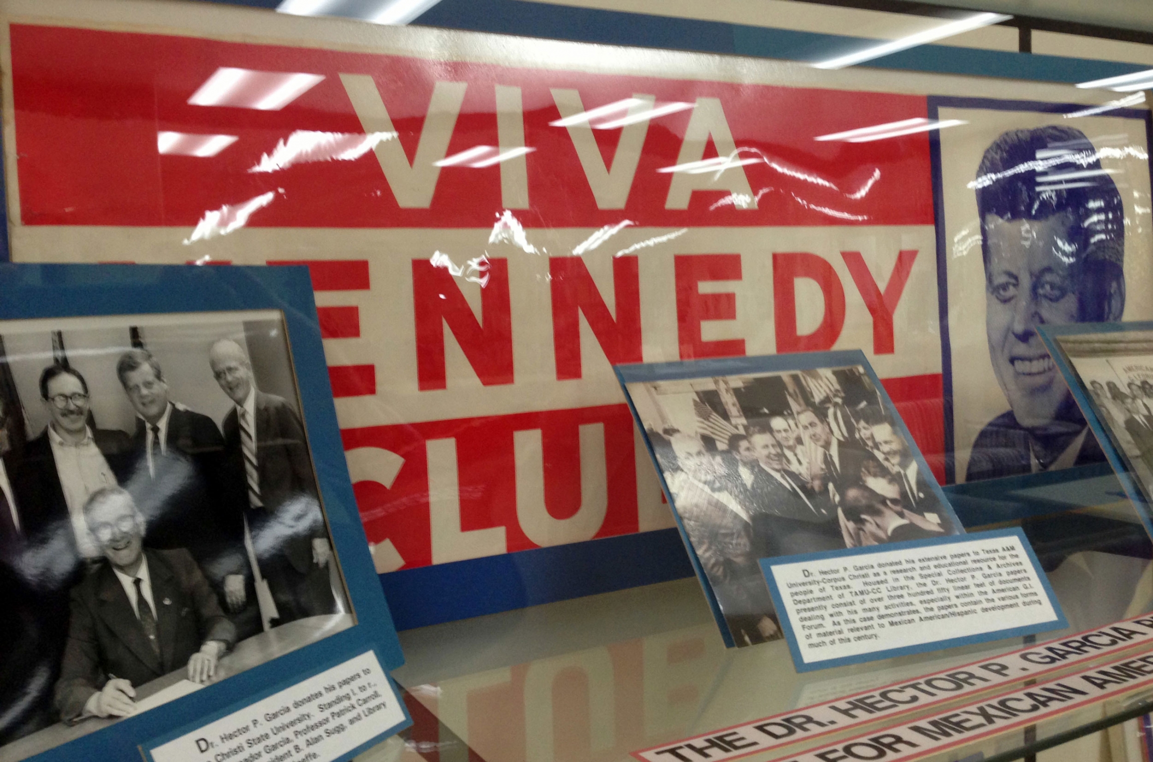Old Viva Kennedy! campaign buttons of civil rights leader and G.I. Forum founder Dr. Hector P. Garcia, lower left, are shown at the Garcia exhibit at Texas A&M-Corpus Christi, Texas. Old Viva Kennedy! campaign buttons of civil rights leader and G.I. Forum founder Dr. Hector P. Garcia, lower left, are shown at the Garcia exhibit at Texas A&M-Corpus Christi, Texas.