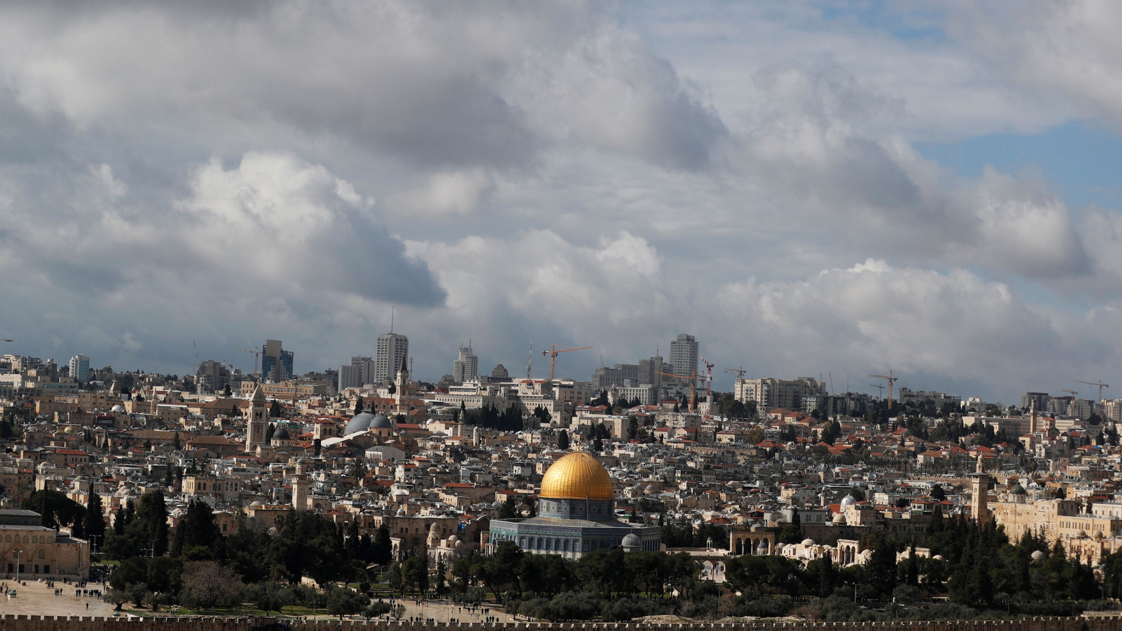 The Dome of the Rock on the compound known to Jews as Temple Mount and to Palestinians as Noble Sanctuary in Jerusalem's Old City, January 2020. The Dome of the Rock is shown in the distance in a wide framed photograph of Jerusalem's Old City.