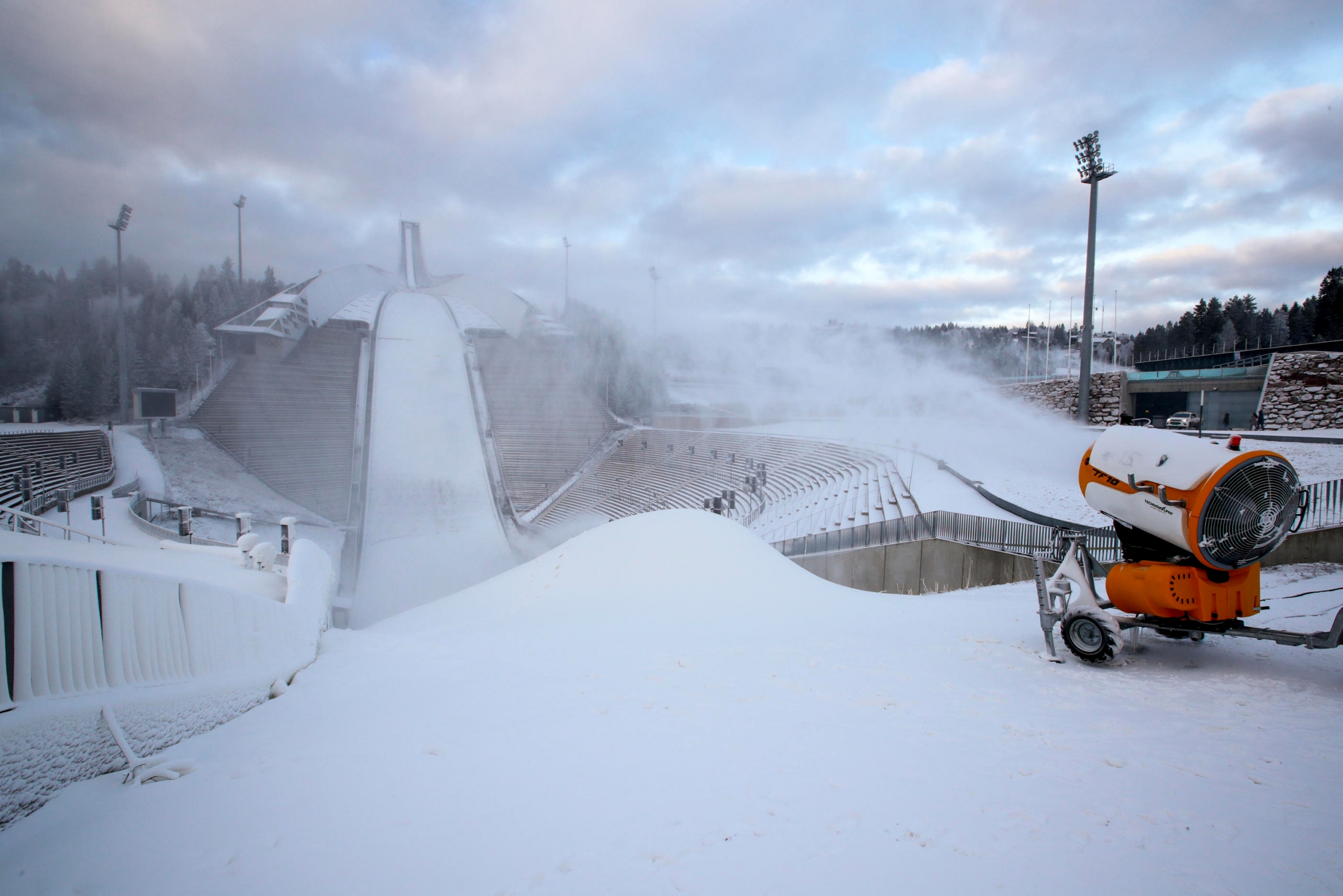 A snow cannon is seen at Holmenkollen Ski Jump in Holmenkollen National Ski Arena in Oslo, Norway, Nov. 28, 2018. Snow blower on a ski resort