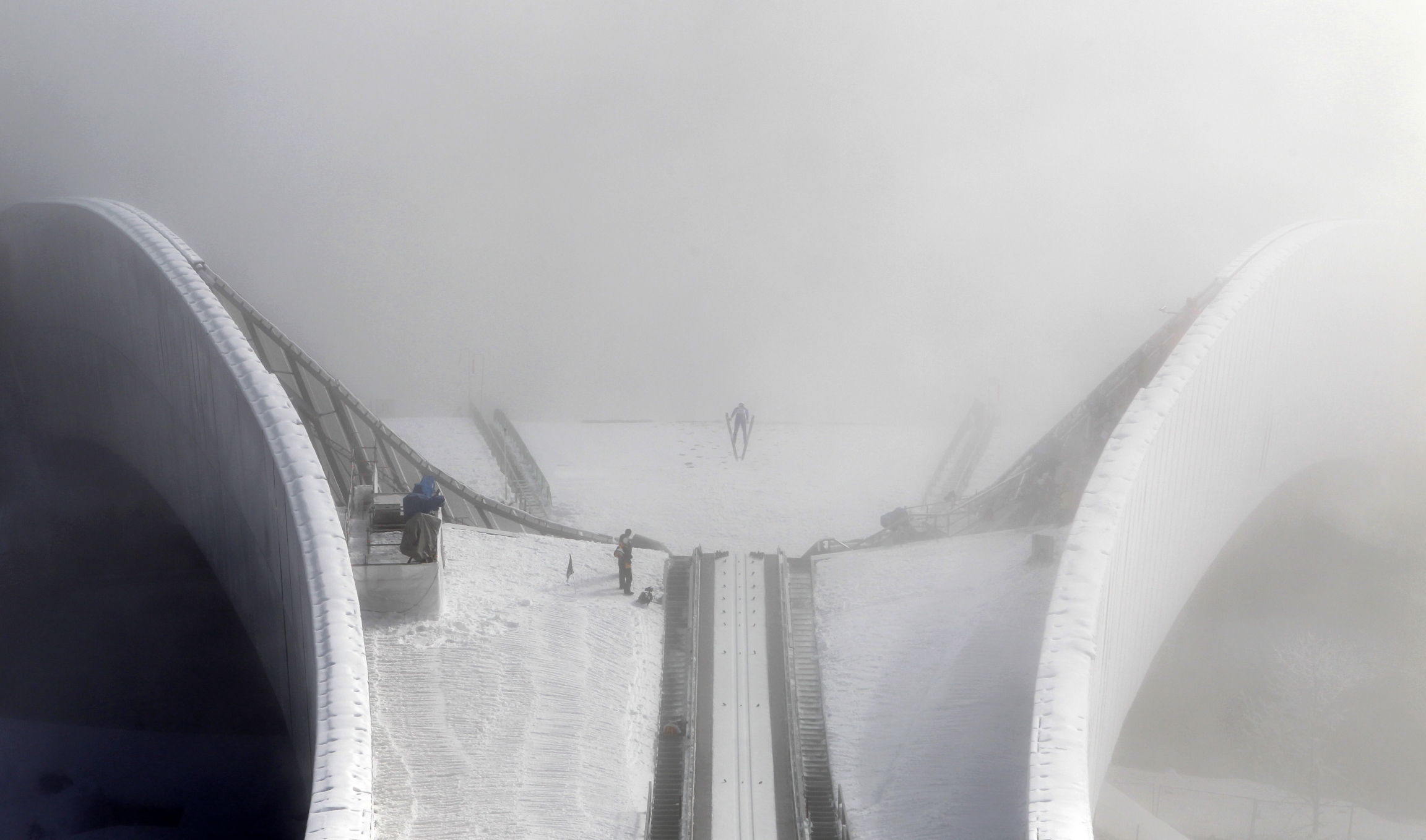 An unidentified jumper soars through the air during the trial jump for the Nordic Combined large hill HS134 event at the Nordic Ski World Championships in Oslo, Norway, March 3, 2011. An unidentified jumper soars through the air during the trial jump during ski competition