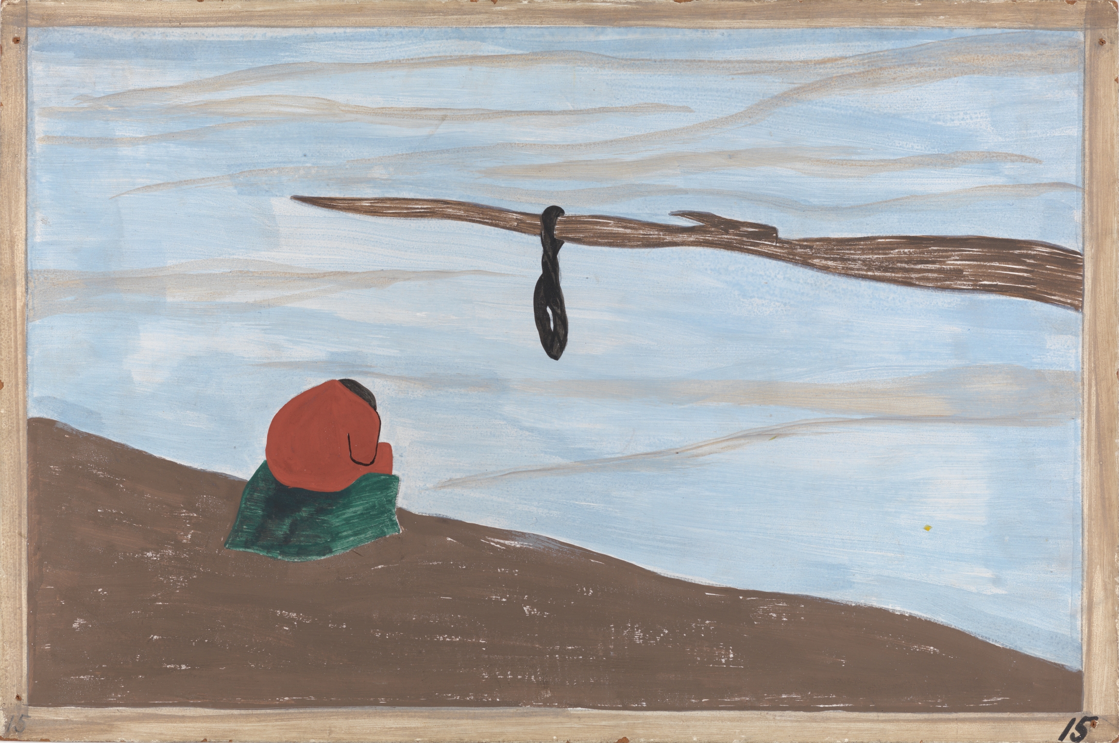 Jacob Lawrence, “The Migration Series, Panel no. 15: There were lynchings.,” 1940–41. Casein tempera on hardboard, 12 x 18 in. Jacob Lawrence, “The Migration Series, Panel no. 15: There were lynchings.,” 1940–41. Casein tempera on hardboard, 12 x 18 in.