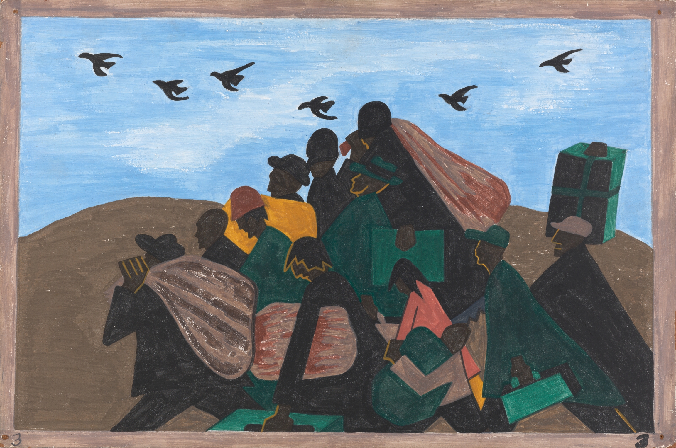Jacob Lawrence, “The Migration Series, Panel no. 3: From every southern town migrants left by the hundreds to travel north.,” 1940–41. Casein tempera on hardboard, 12 x 18 in. Jacob Lawrence, “The Migration Series, Panel no. 3: From every southern town migrants left by the hundreds to travel north.,” 1940–41. Casein tempera on hardboard, 12 x 18 in.