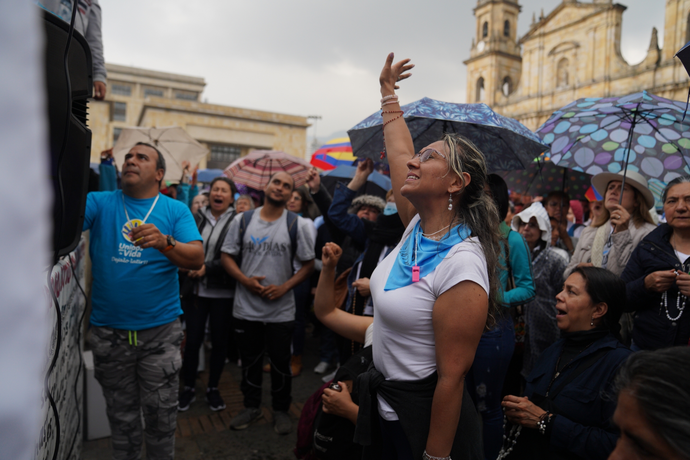 A demonstrator prays during a protest against efforts to liberalize abortion outside a cathedral in Bogotá, Colombia, Feb. 22, 2020. A demonstrator prays during a protest against efforts to liberalize abortion outside a cathedral in Bogotá, Colombia, Feb. 22, 2020.