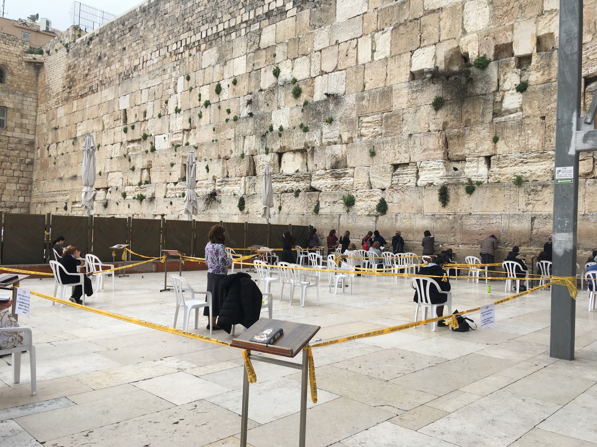 At the Western Wall, prayer is cordoned into sections. Only 10 people at a time may worship in each subsection. At the Western Wall, prayer is cordoned into sections. Only 10 people at a time may worship in each subsection.