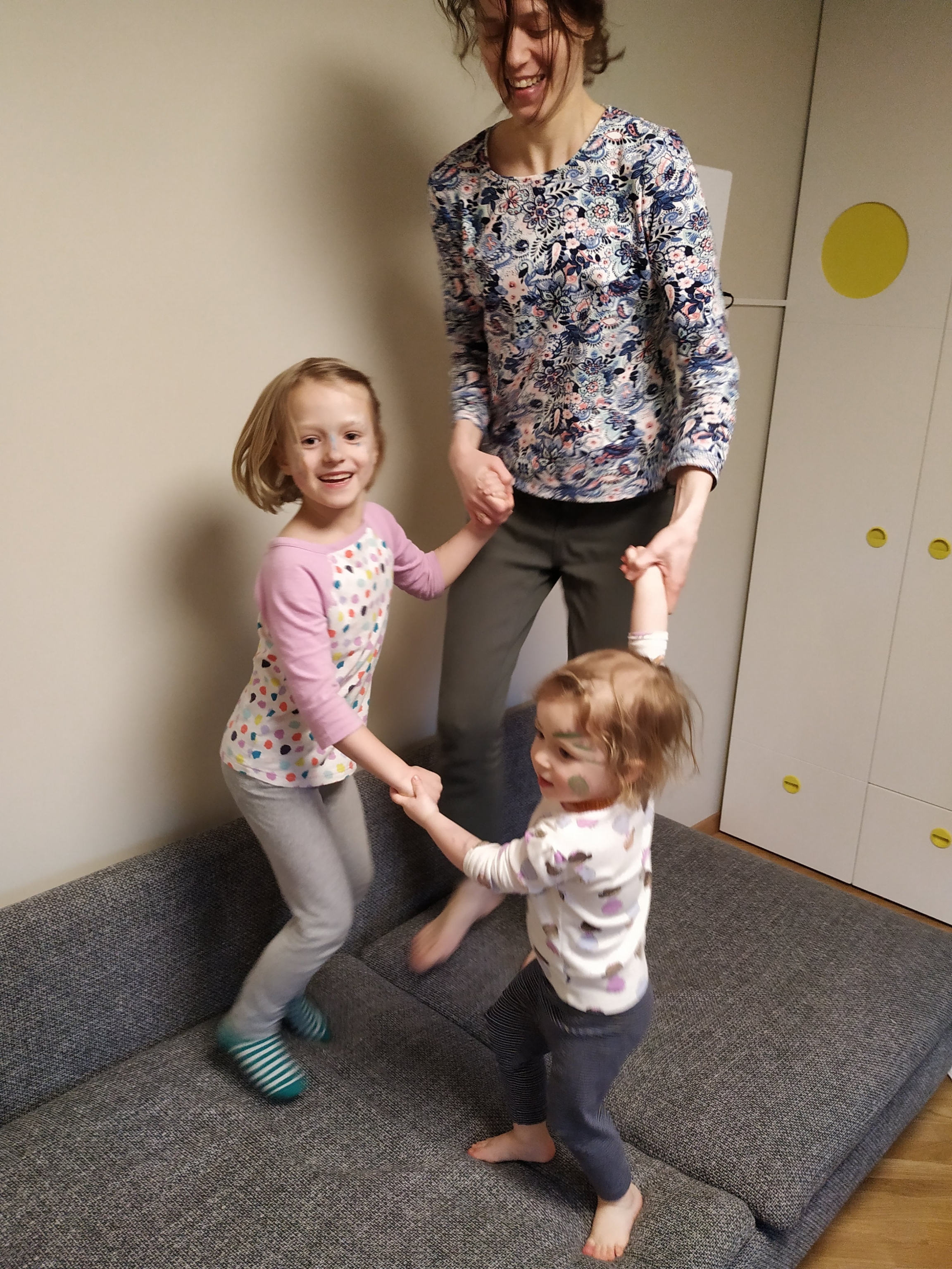 Eglė Merkyte holds an impromptu dance party on their couch in Lithuania with her daughters, Unė and Bruknė Kubiliūtė. Eglė Merkyte holds an impromptu dance party on their couch in Lithuania with her daughters, Unė and Bruknė Kubiliūtė.