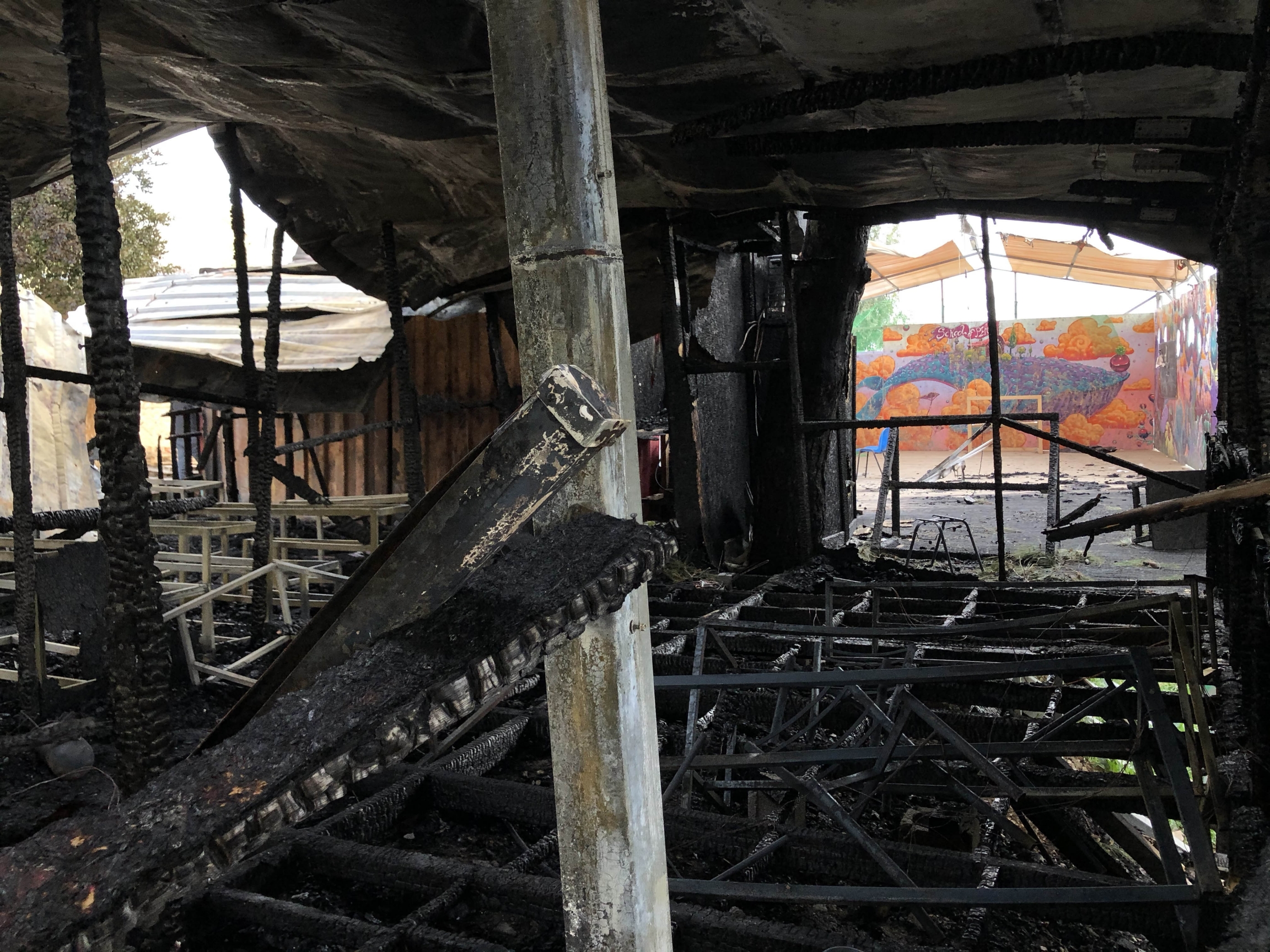 The charred insides of a building