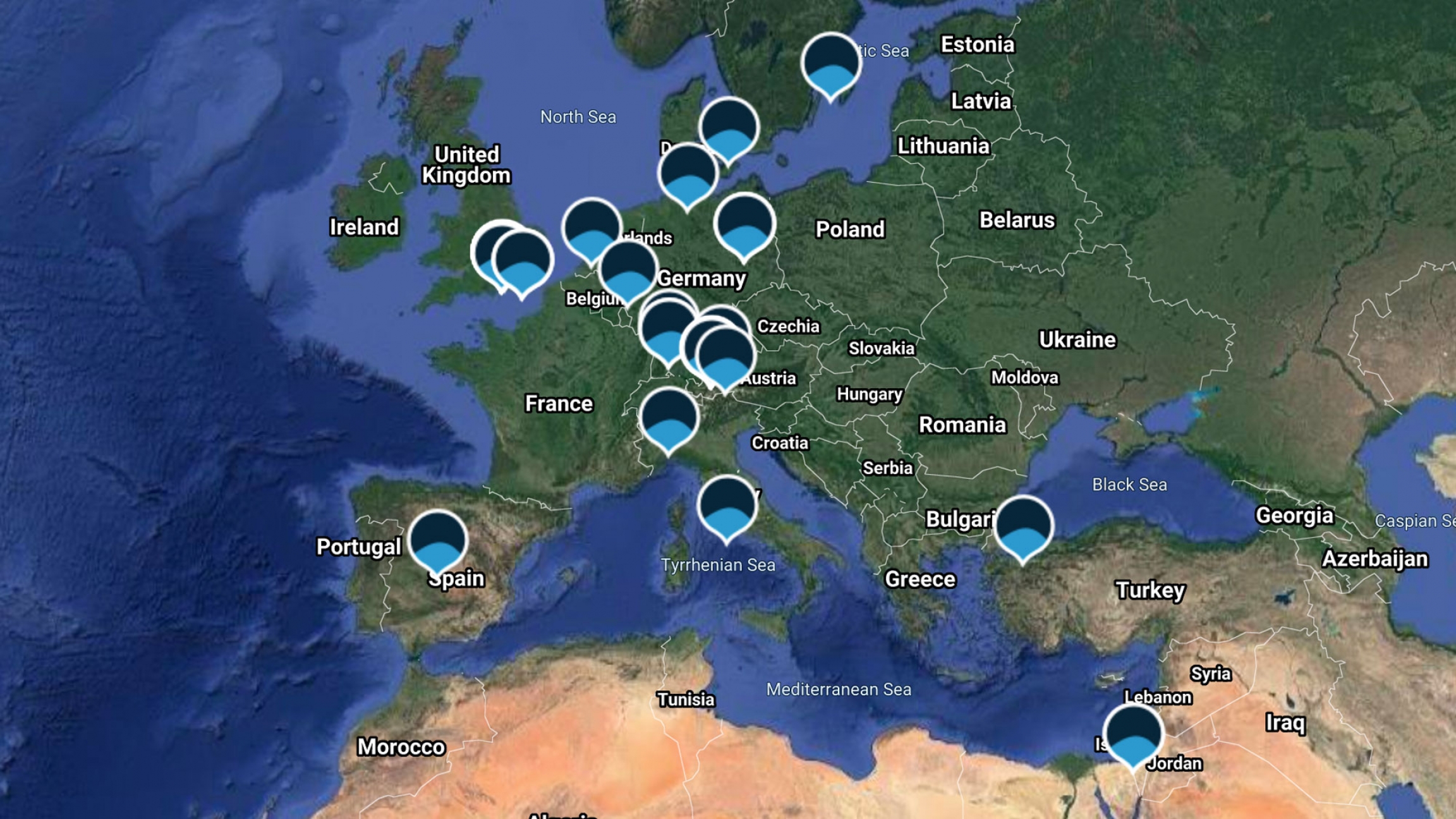 A map of Europe and North Africa showing locations where people have tagged recordings uploaded to the crowdsourced project, Corona Diaries. A map of Europe and North Africa with blue pins designating where recordings.