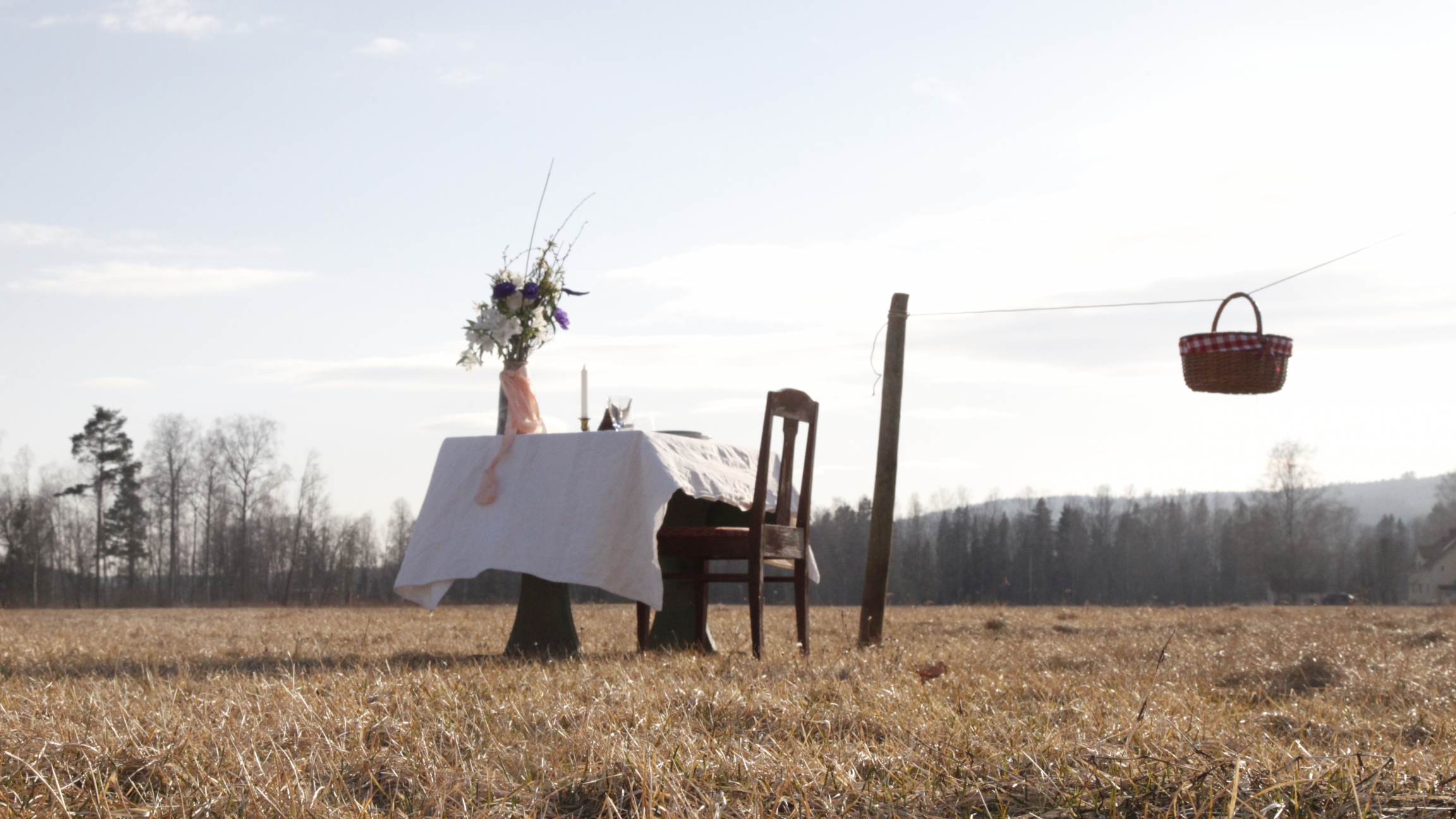 Table for One encourages fine dining — for one. A table and chair in a meadow