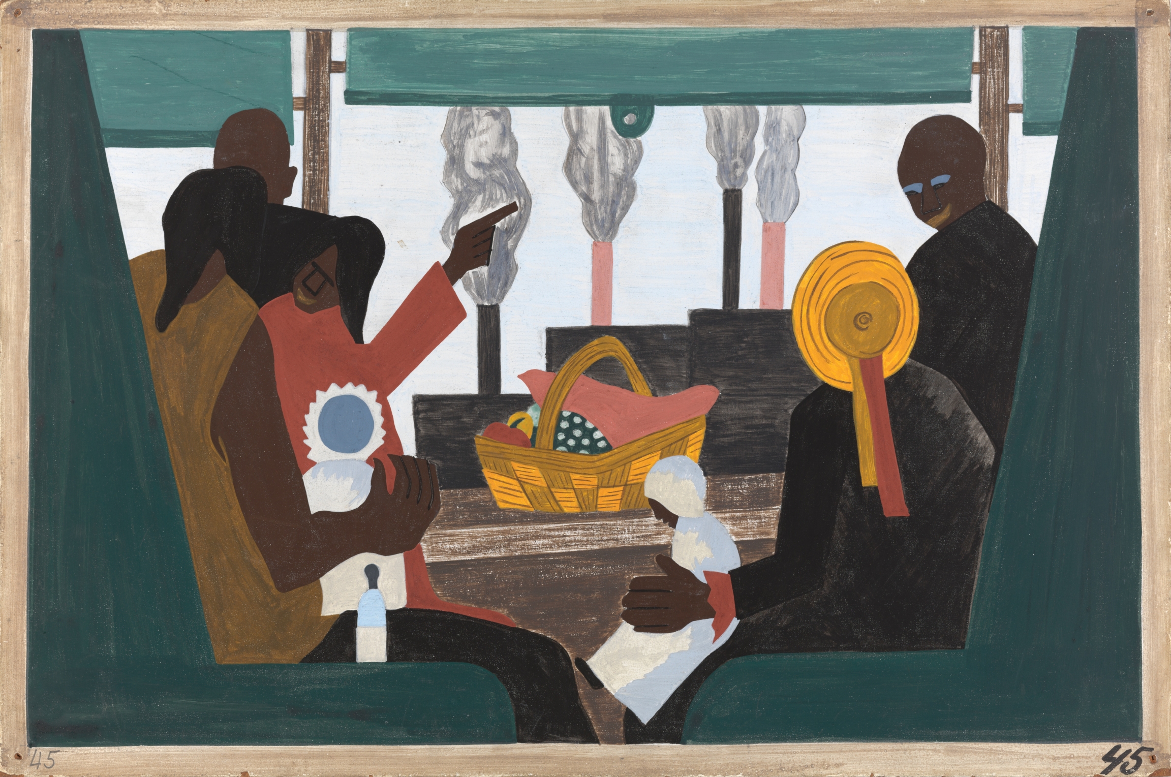 Jacob Lawrence, “The Migration Series, Panel no. 45: The migrants arrived in Pittsburgh, one of the great industrial centers of the North.,” 1940–41. Casein tempera on hardboard, 12 x 18 in. Jacob Lawrence, “The Migration Series, Panel no. 45: The migrants arrived in Pittsburgh, one of the great industrial centers of the North.,” 1940–41. Casein tempera on hardboard, 12 x 18 in.