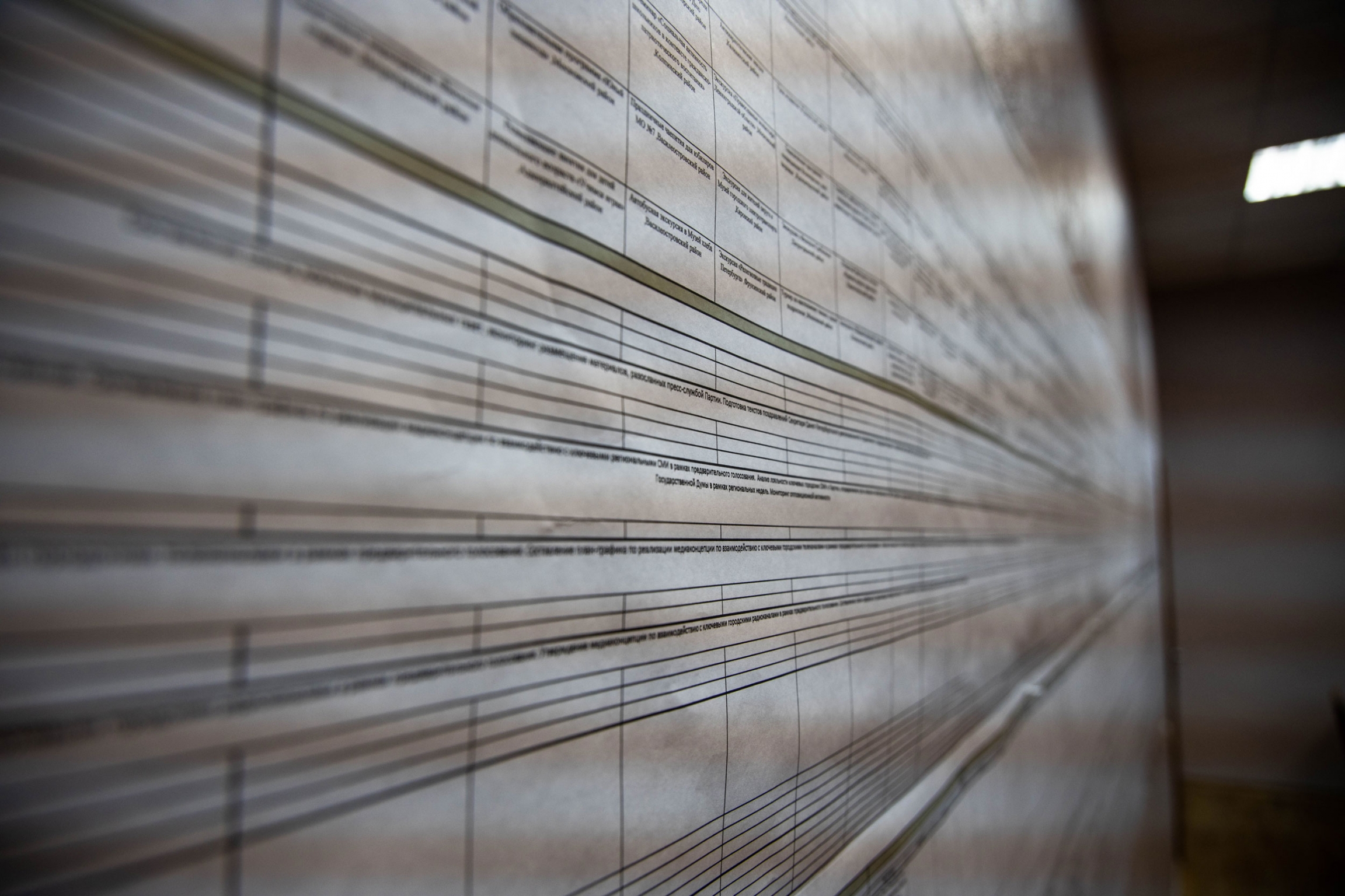 A spreadsheet is tacked up onto a wall and lists events in boxes