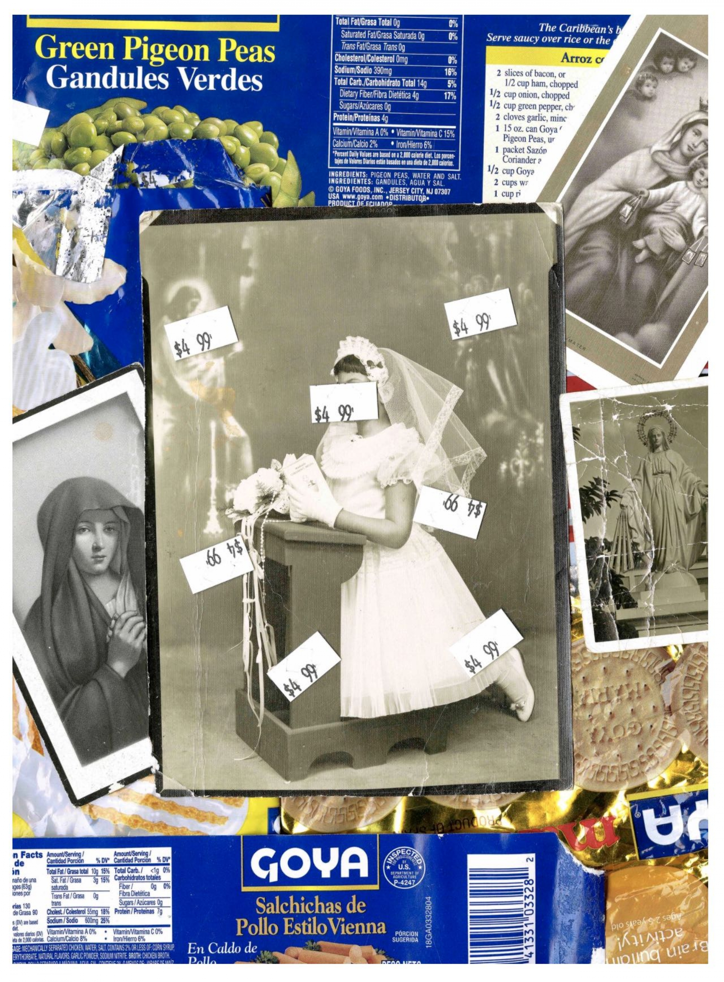 Ysabel Turner printed a price-tagged photograph of her mother’s first communion over Goya packaging Ysabel Turner printed a price-tagged photograph of her mother’s first communion over Goya packaging .