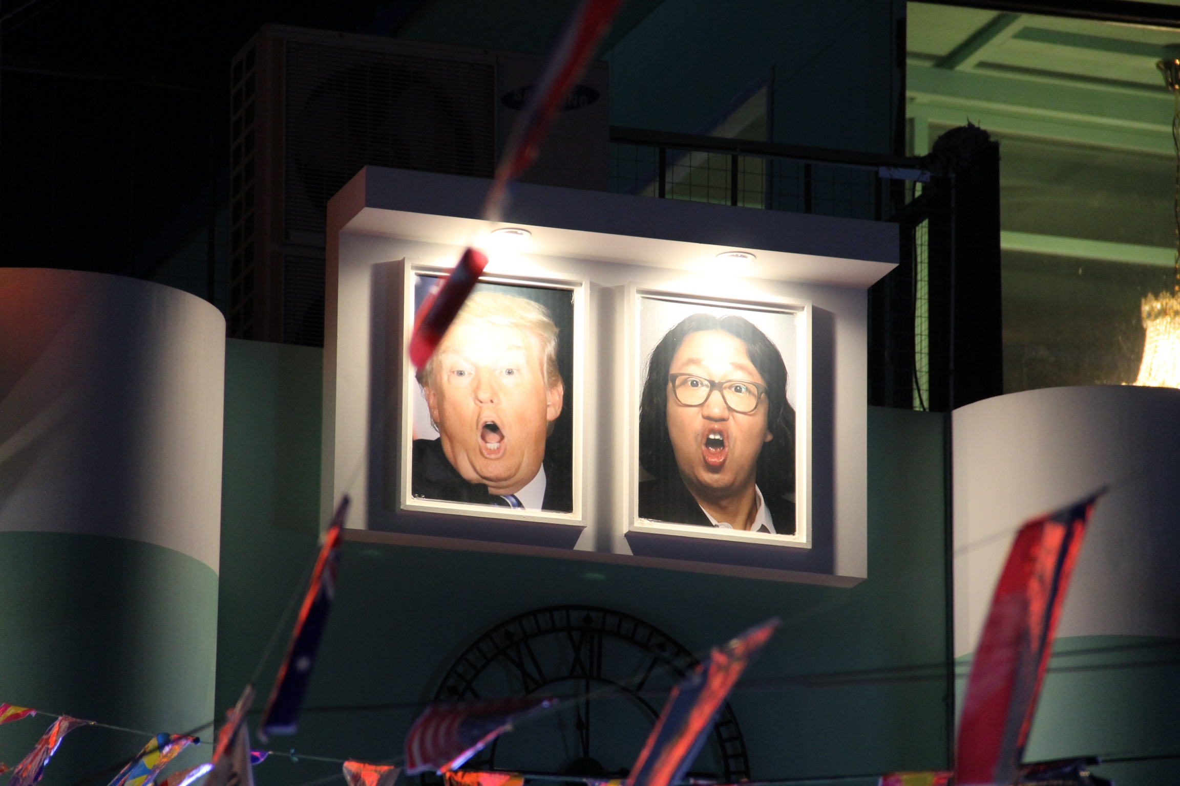 Caricaturelike portraits of United States President Donald Trump and South Korean comedian Kim Gyeong-jin are displayed outside the pub. Caricaturelike portraits of United States President Donald Trump and South Korean comedian Kim Gyeong-jin are displayed outside the pub.