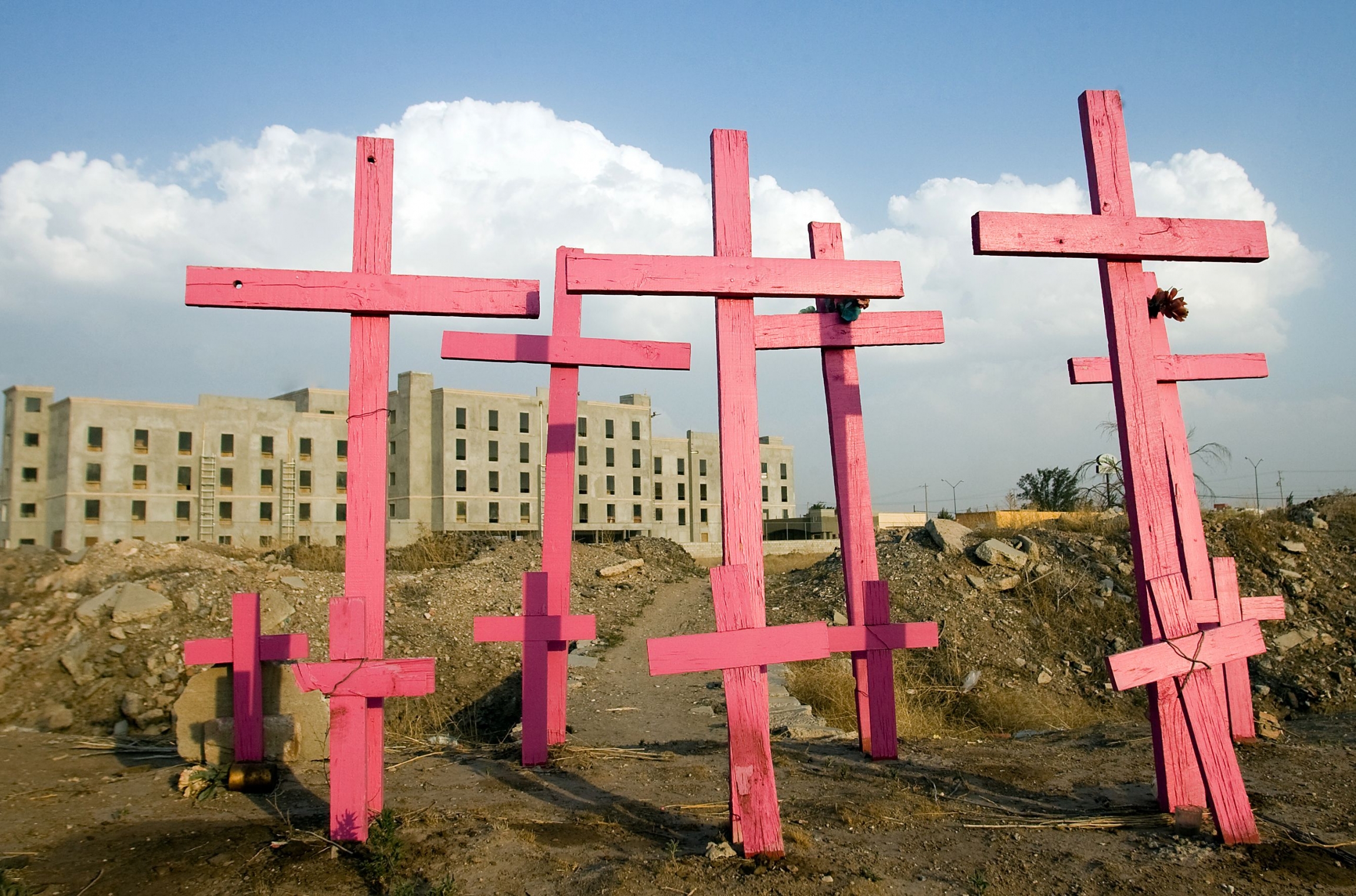 Latin America has long been one of the world’s most dangerous regions for women. Crosses mark where the corpses of eight missing women were found outside Ciudad Juarez, Mexico, in 2008. Bright pink crosses used to memorialize where bodies were found.