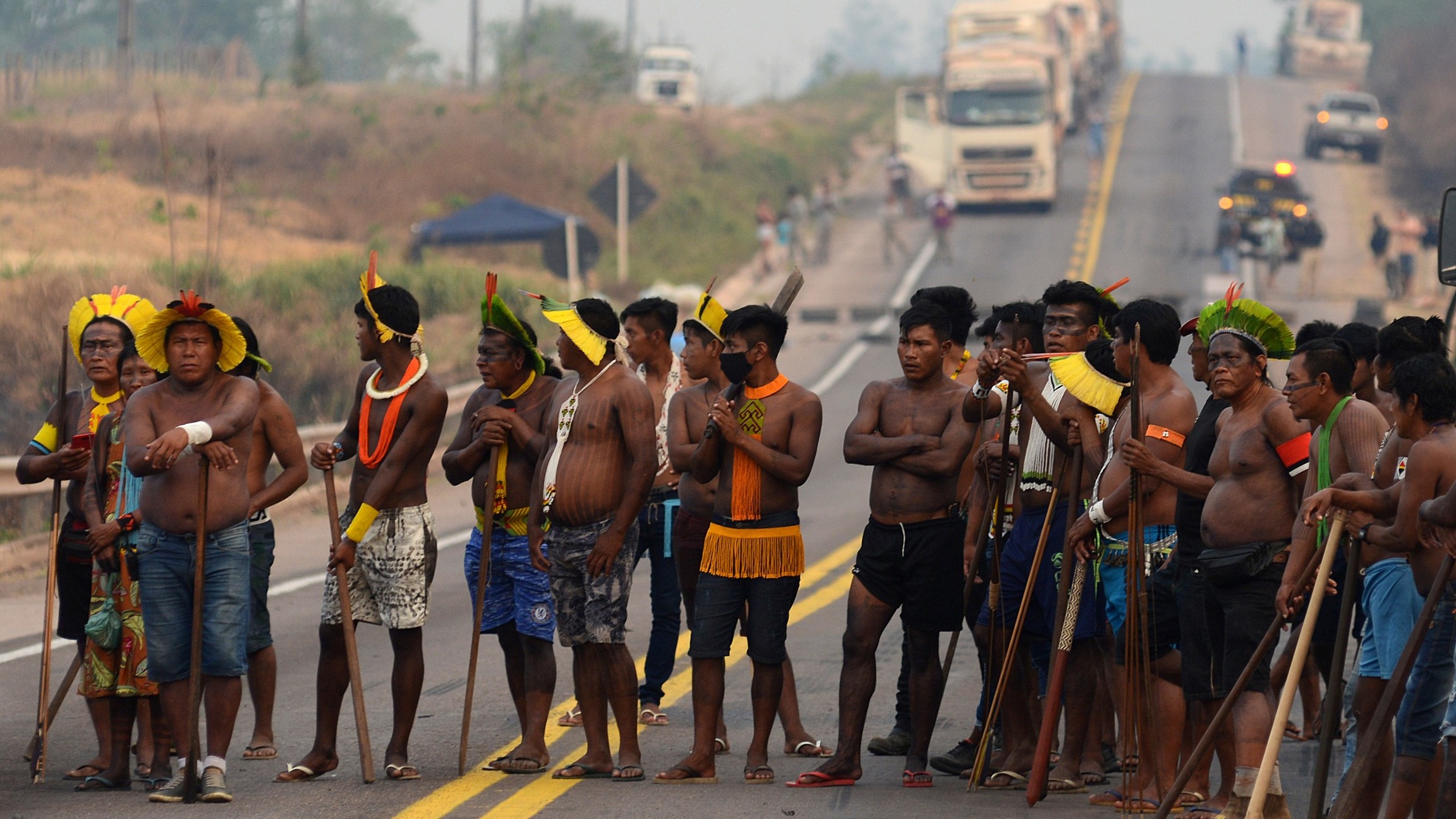 Kayapó indigenous people block Brazil's BR 163 national highway, as they protest against the government measures in the indigenous lands to avoid the spread of the coronavirus disease (COVID-19), in Novo Progresso, Pará state, Brazil, Aug. 17, 2020. Kayapó indigenous people block Brazil's BR 163 national highway, as they protest against the government measures in the indigenous lands to avoid the spread of the coronavirus disease (COVID-19), in Novo Progresso, Pará state, Brazil, Aug. 17, 2020.