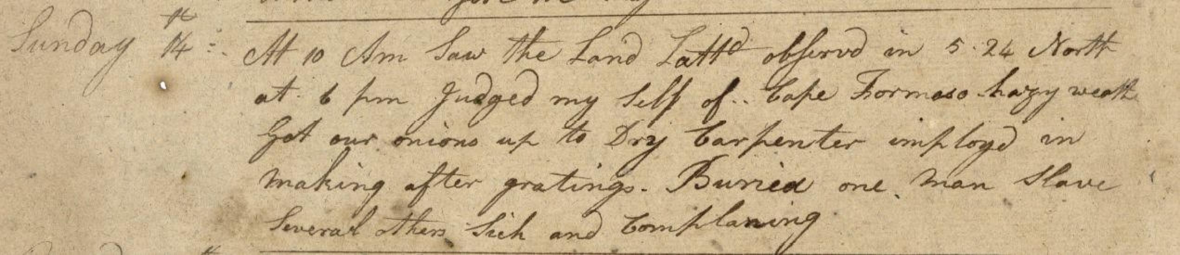 Handwriting from a logbook of the slave ship called the Mary, dated 1795. Handwriting from a slave ship logbook dated 1795