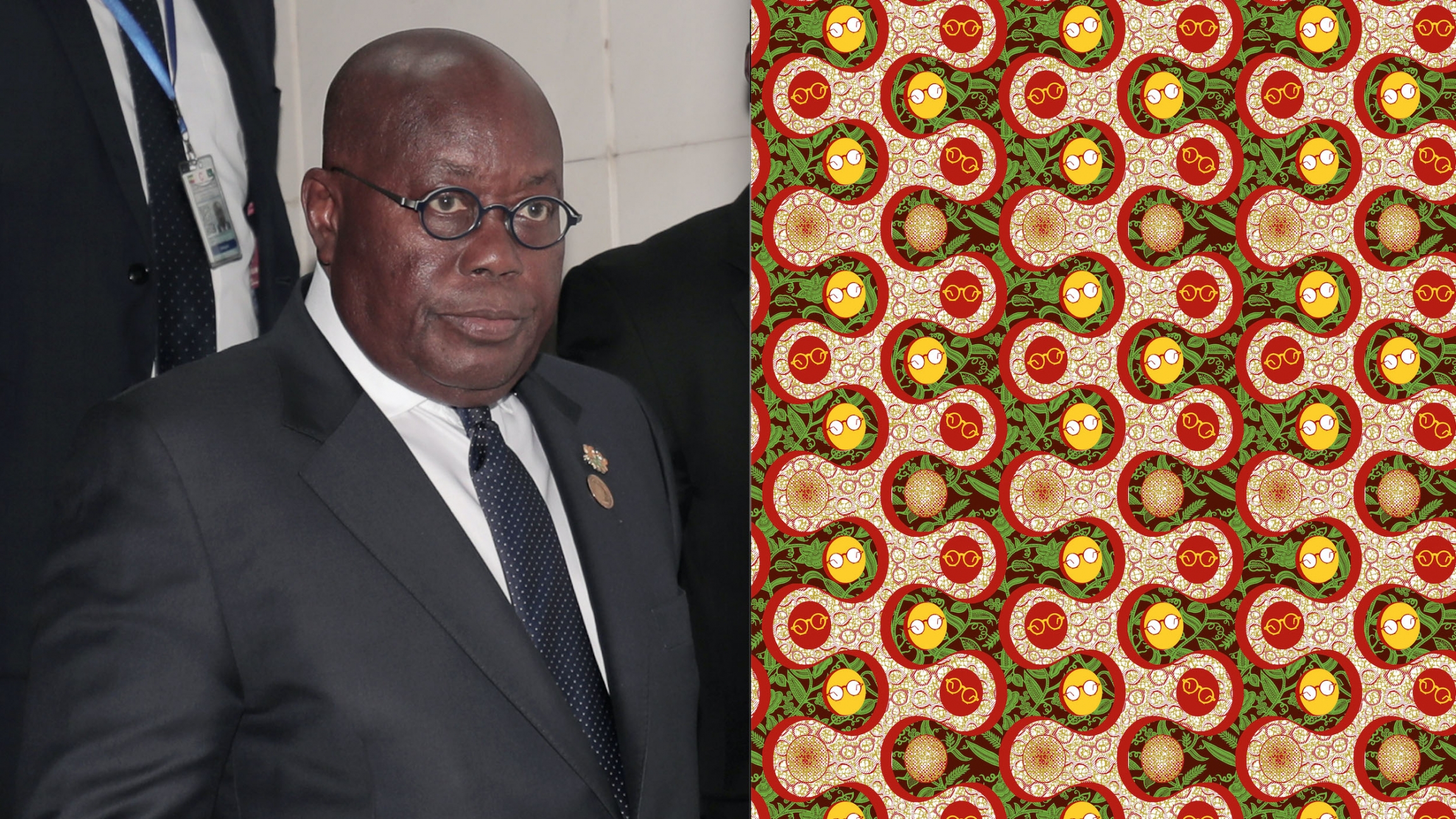 Another motif produced by Ghana Textiles Printing features eyeglasses, a nod to the frequent televised speeches of Ghana's President Nana Akufo-Addo, left, during the pandemic. Another motif produced by Ghana Textiles Printing features eyeglasses, a nod to the frequent televised speeches of Ghana's President Nana Akufo-Addo, left, during the pandemic.