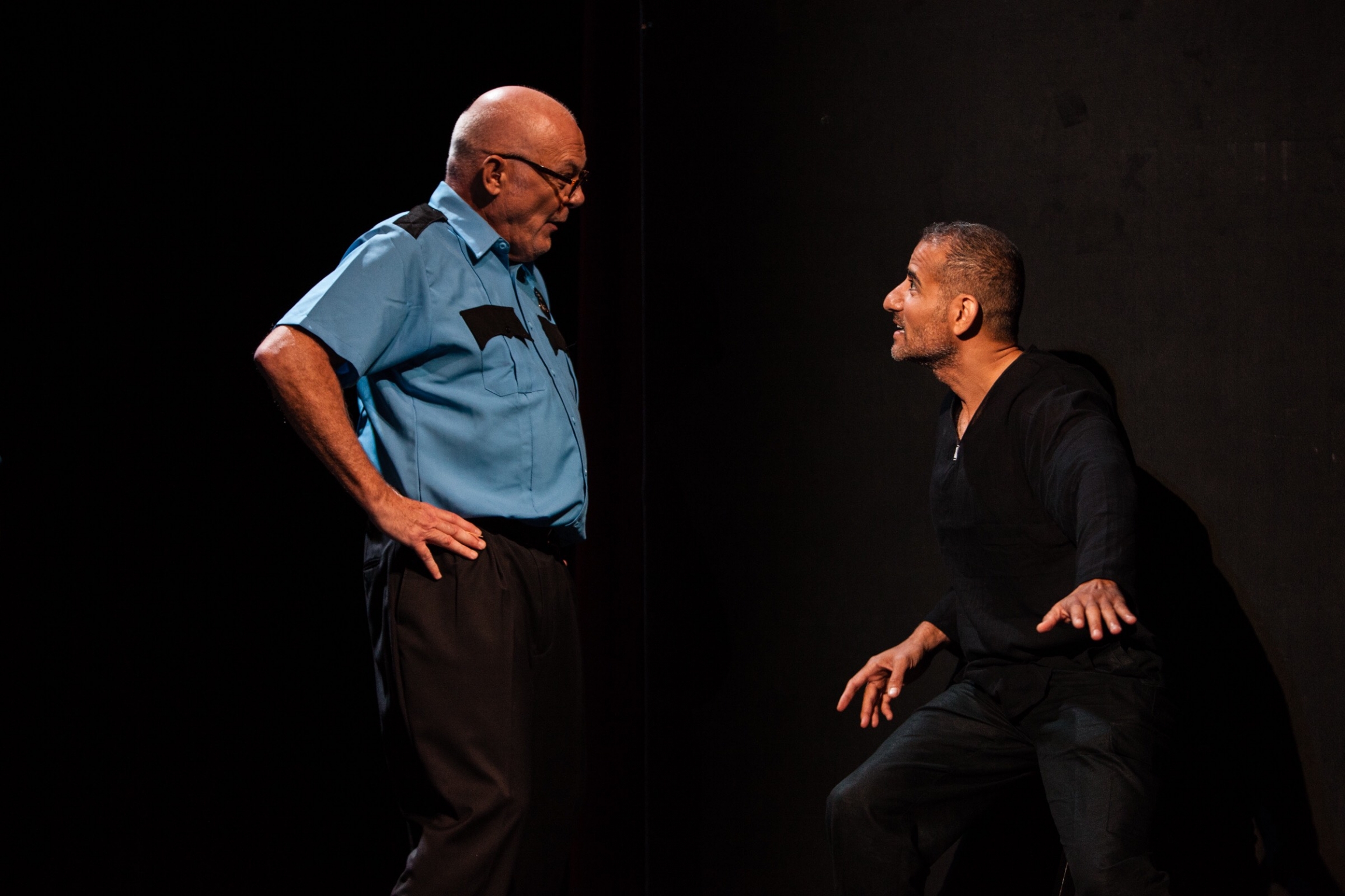 Actors Paul Costello, left, and Nabil Awad perform in a play "Counter Offence," that tackles police brutality and was staged at the Bay Area Drama Company. Actors Paul Costello, left, and Nabil Awad perform in a play "Counter Offence," that tackles police brutality and was staged at the Bay Area Drama Company. The theater's co-artistic director Basab Pradhan said the play was not well-attended.
