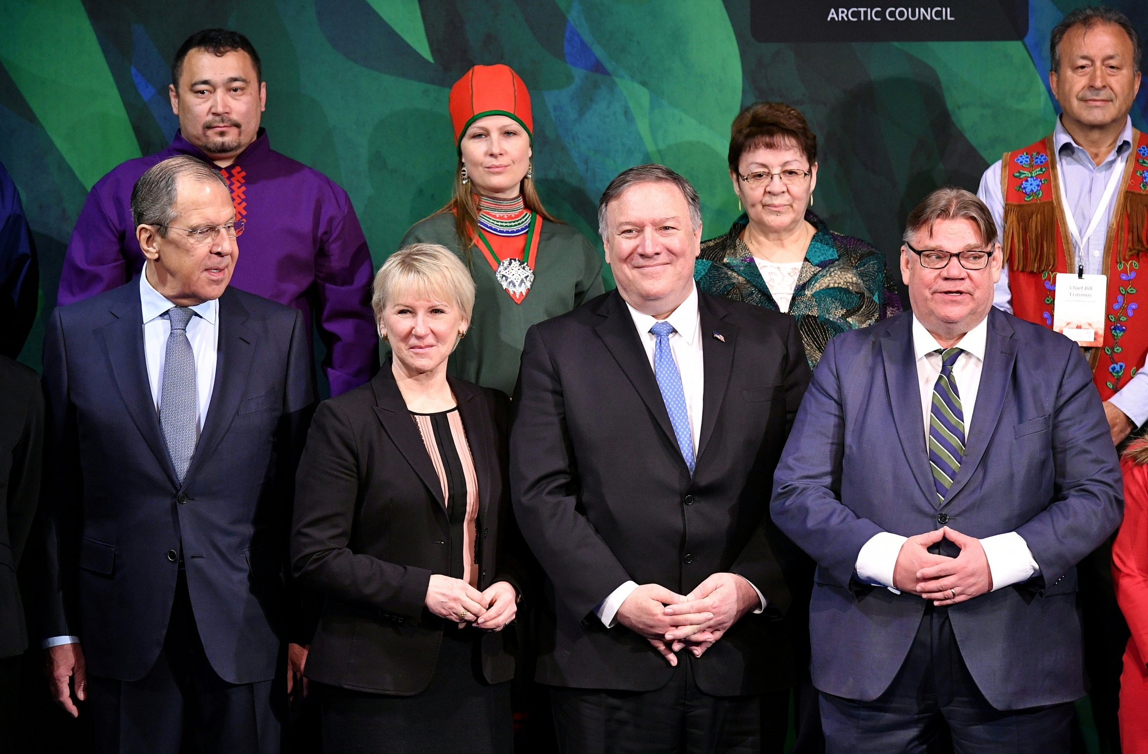 Front row from left, Foreign Ministers of Russia, Sergey Lavrov, Sweden, Margot Wallstrom, U.S. Secretary of State Mike Pompeo and Finland's Foreign Minister Timo Soini during the Arctic Council summit Rovaniemi, Rovaniemi, Finland May 7, 2019. Front row from left, Foreign Ministers of Russia, Sergey Lavrov, Sweden, Margot Wallstrom, U.S. Secretary of State Mike Pompeo and Finland's Foreign Minister Timo Soini during the Arctic Council summit Rovaniemi, Rovaniemi, Finland May 7, 2019.