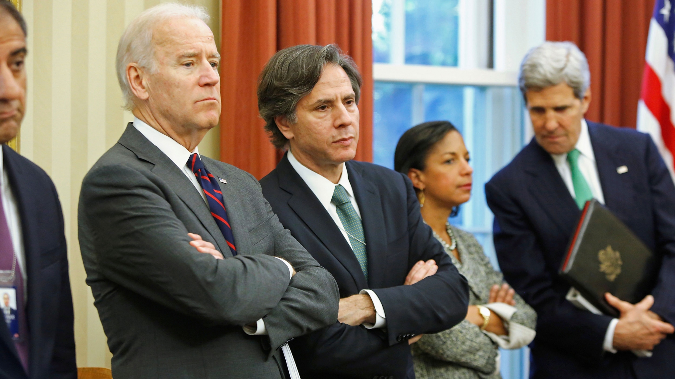 Vice President Joe Biden and then-Deputy National Security Adviser Tony Blinken in the Oval Office at the White House, Nov. 1, 2013. Vice President Joe Biden is shown with his arms folded next to then-Deputy National Security Adviser Tony Blinken in the Oval Office.