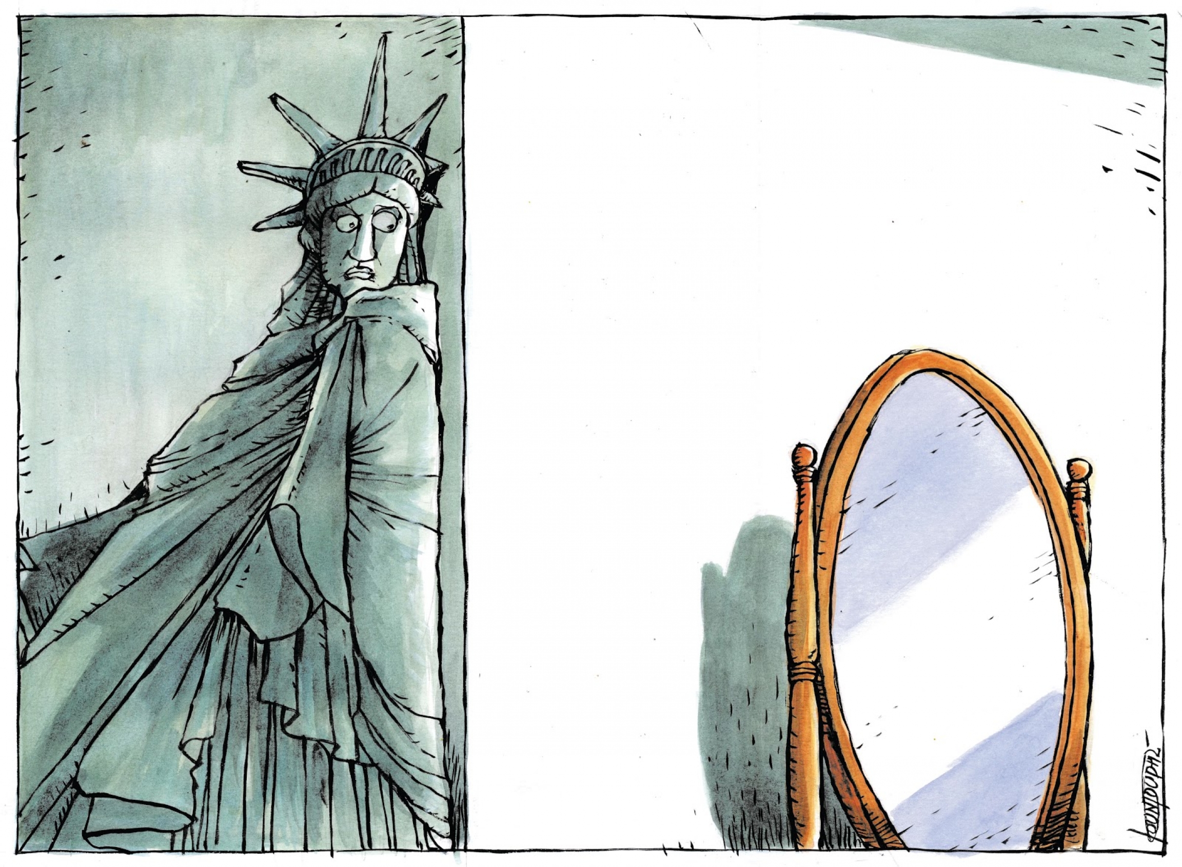 "Election 2020: Waiting for results," by Michael Kountouris, from Greece. Statue of liberty is afraid to look in the mirror