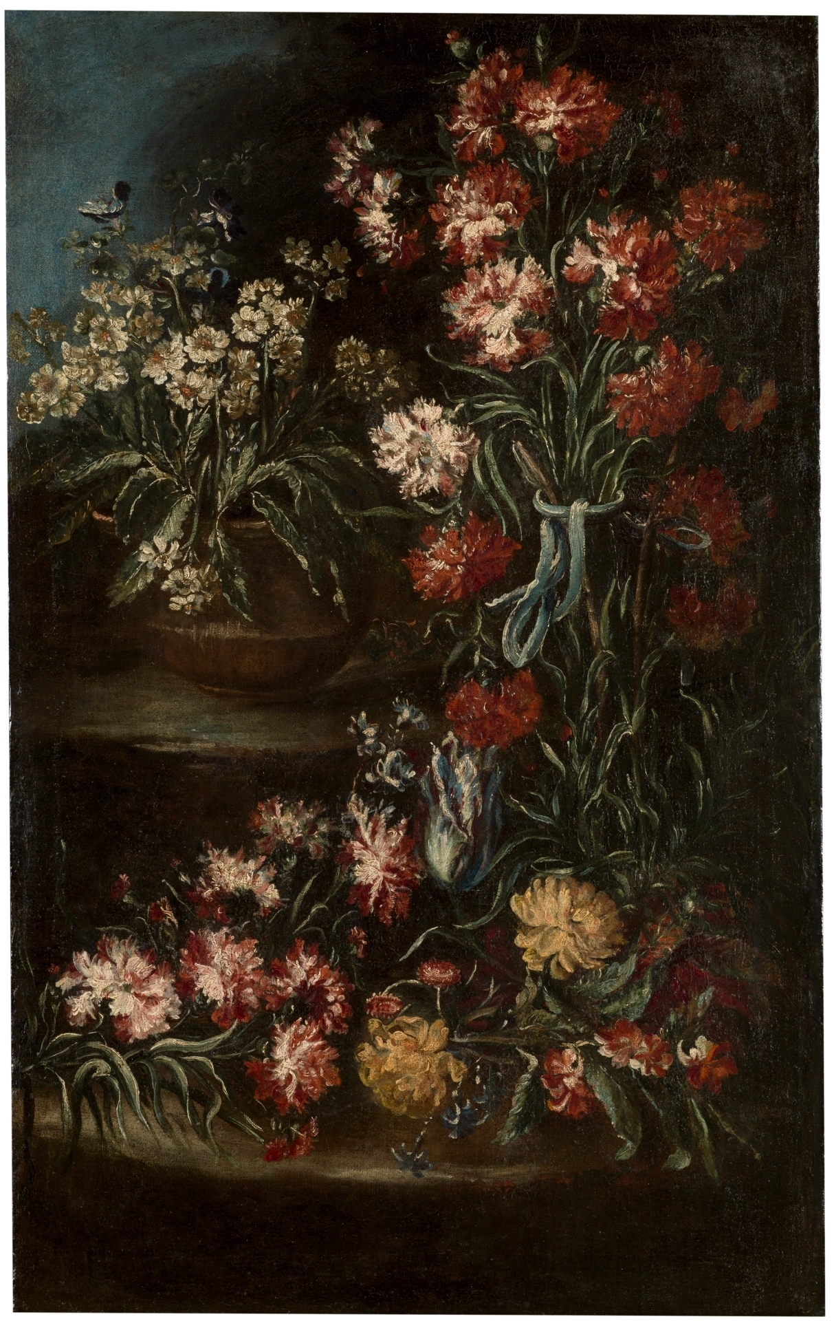 "Vase of Flowers," Margarita Caffi. painting of dark flowers of various pinks, yellows and reds with black background.