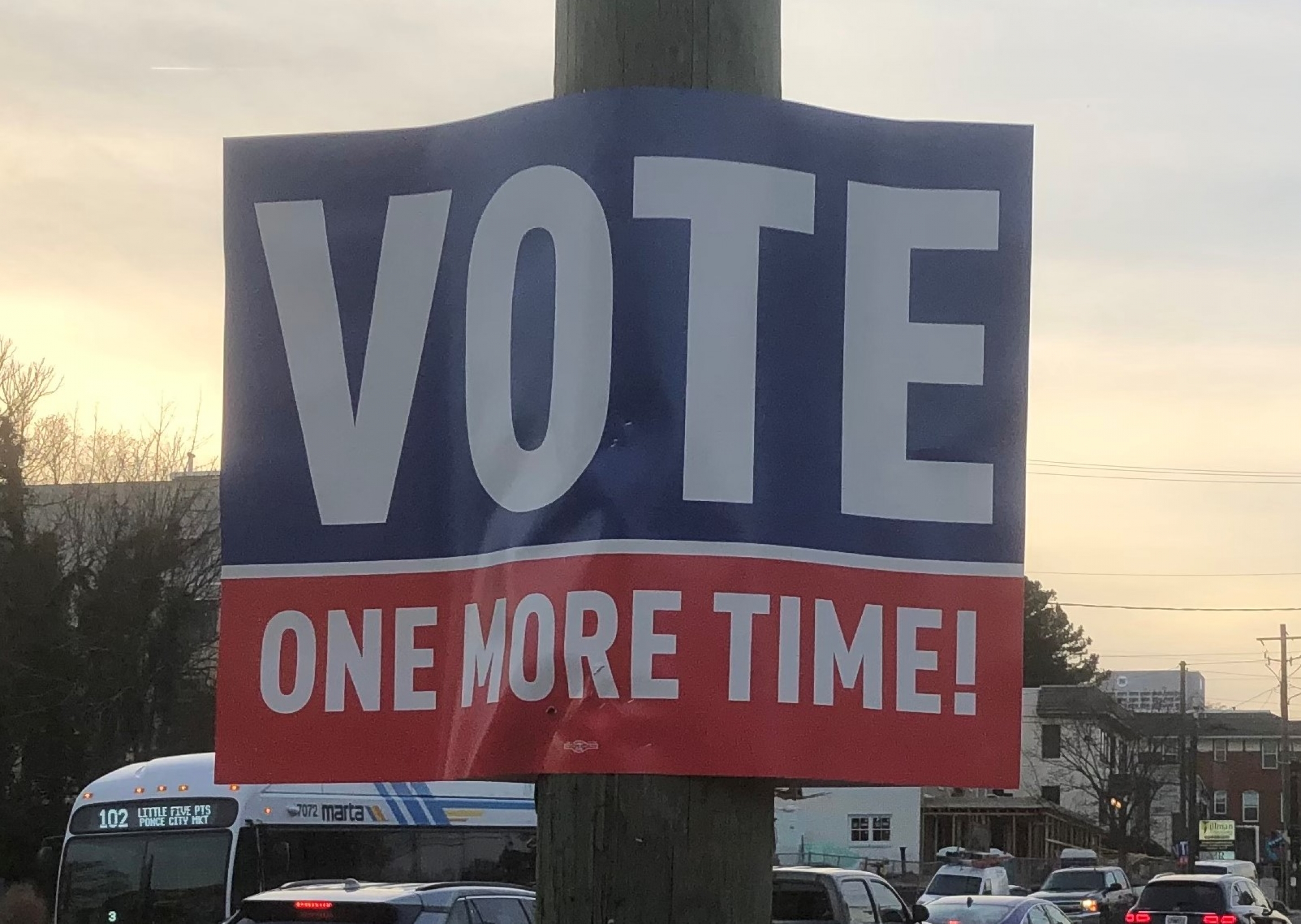 A "vote one more time" sign in Georgia. "Vote one more time" sign with blue, white and red letters.