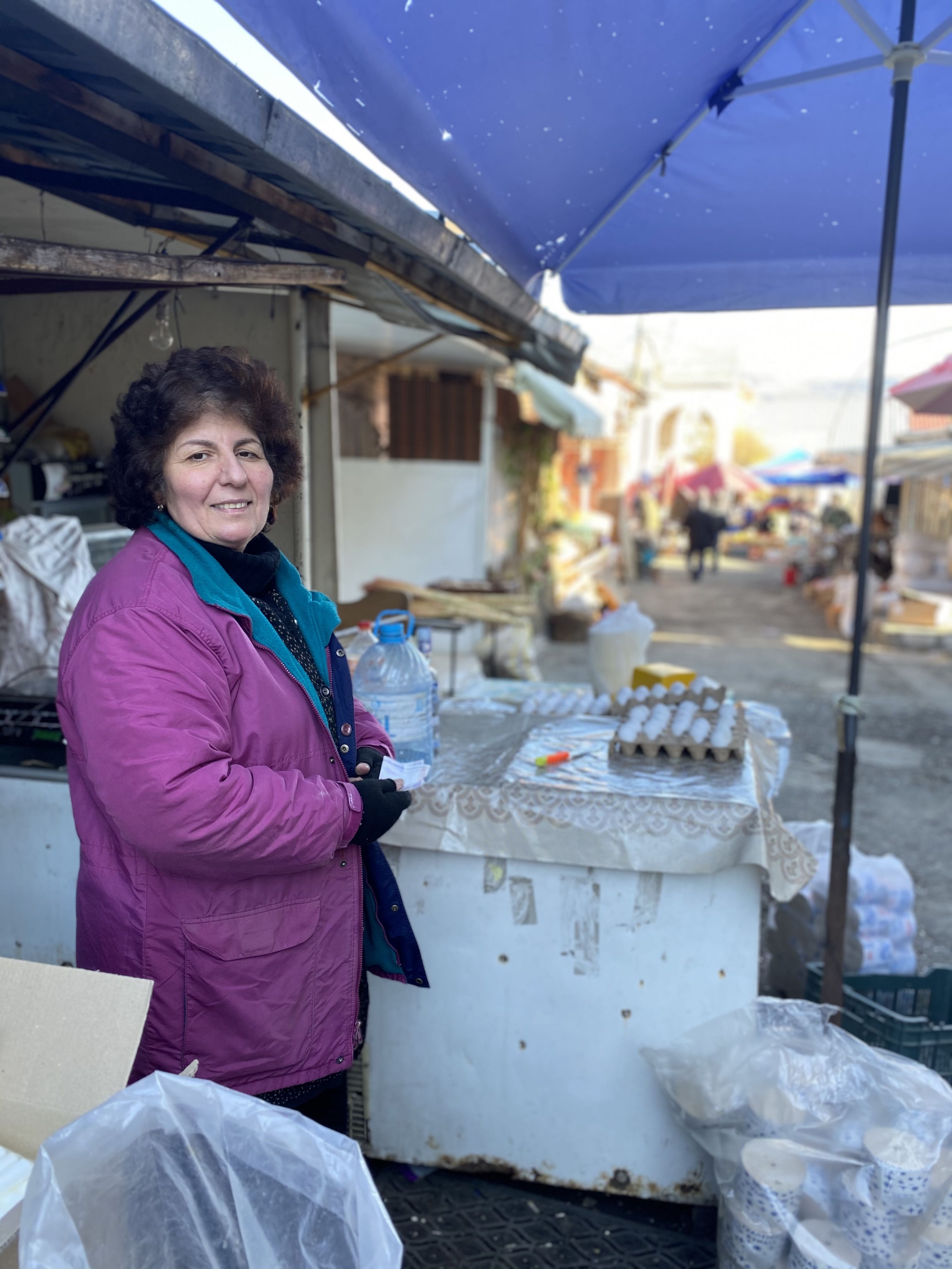 Rima Arushanyan, 58, sells eggs and homemade vodka in the Stepanakert market. Stepanakert is the de facto capital of Nagorno-Karabakh. Rima Arushanyan, 58, sells eggs and homemade vodka in the Stepanakert market. Stepanakert is the de facto capital of Nagorno-Karabakh.
