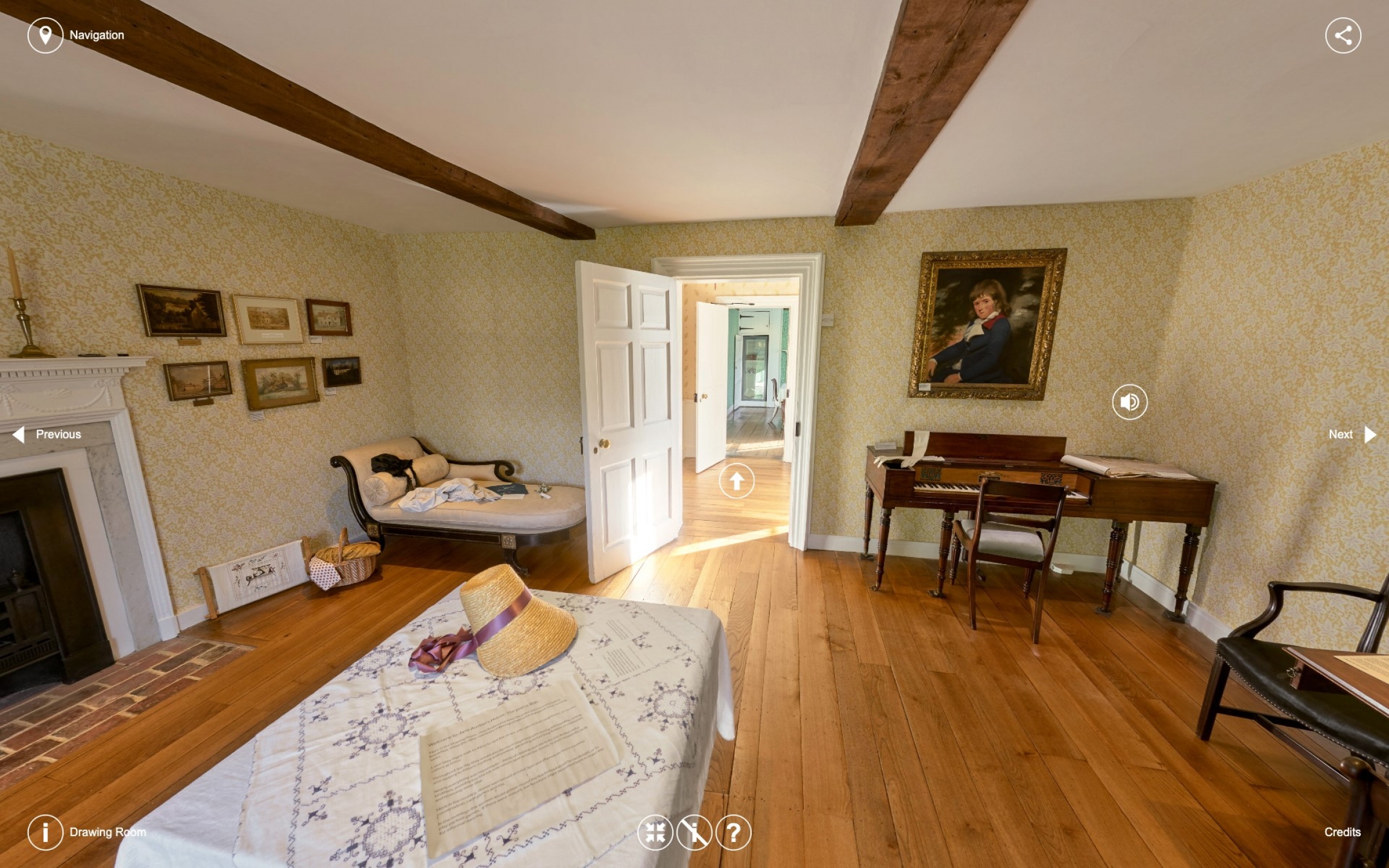 A virtual tour of the drawing room of Jane Austen's house. An interior view of the drawing room of Jane Austen House.