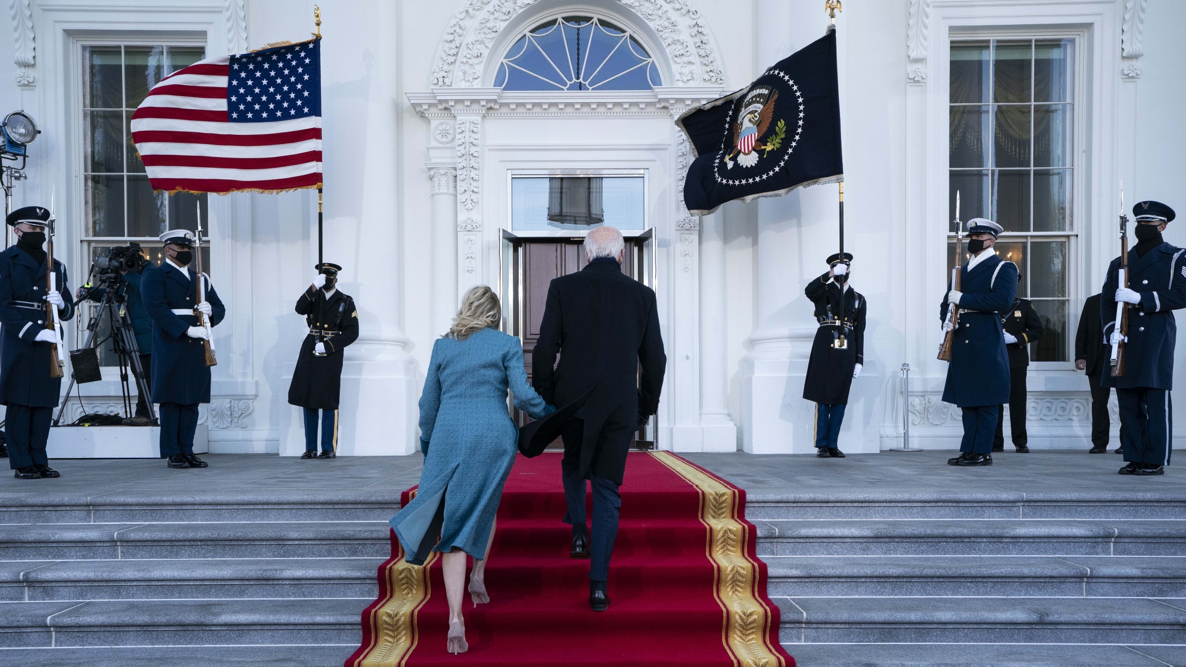 President Joe Biden and first lady Jill Biden arrive at the North Portico of the White House, Jan. 20, 2021, in Washington, DC. President Joe Biden and first lady Jill Biden arrive at the North Portico of the White House, Jan. 20, 2021, in Washington, DC.