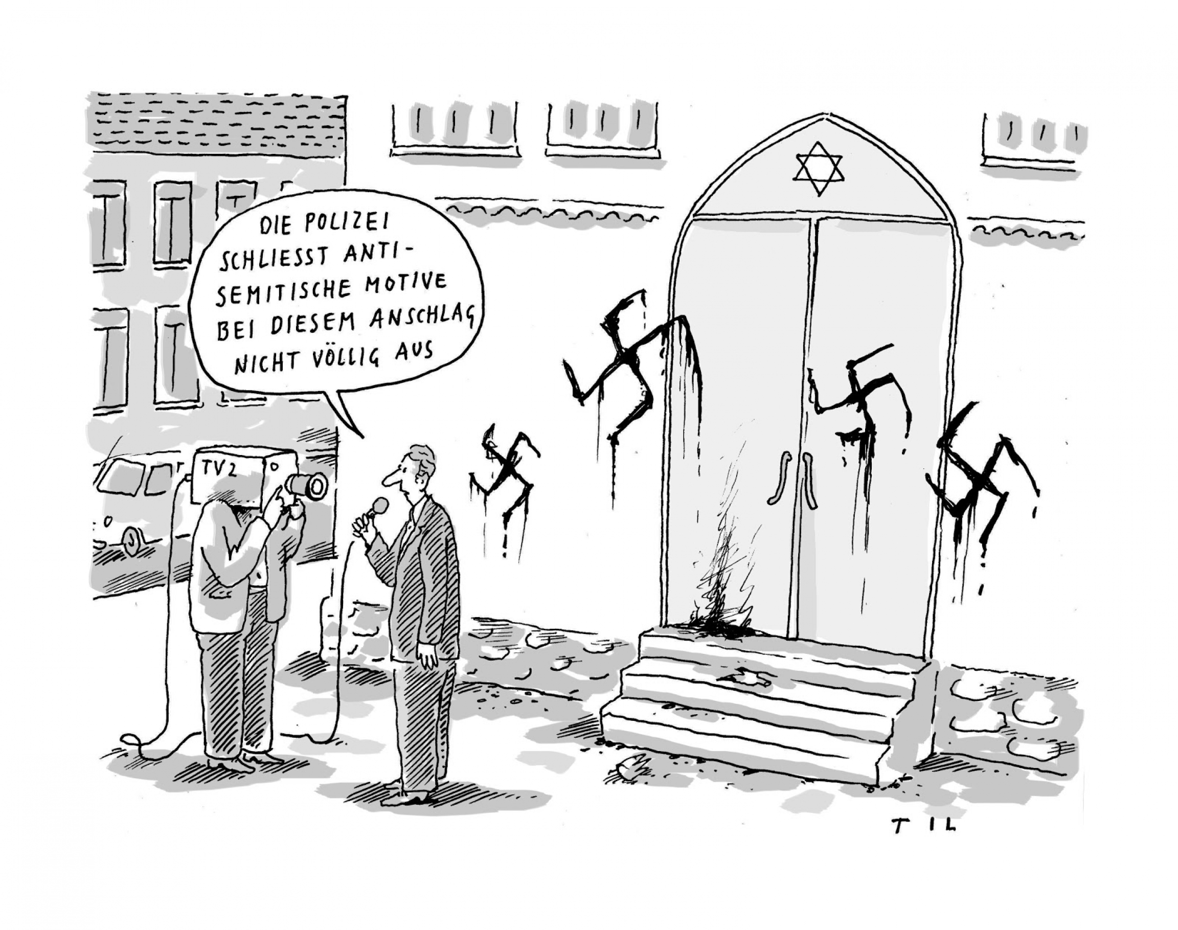 “Police don’t rule out anti-Semitic motives in this attack," by Til Mette, "#Anti-Semitismus für Anfänger: Eine Anthologie," Ariella Verlag, 2020. A black and white cartoon of four swastikas spray-painted on a synagogue with two people talking about who did it