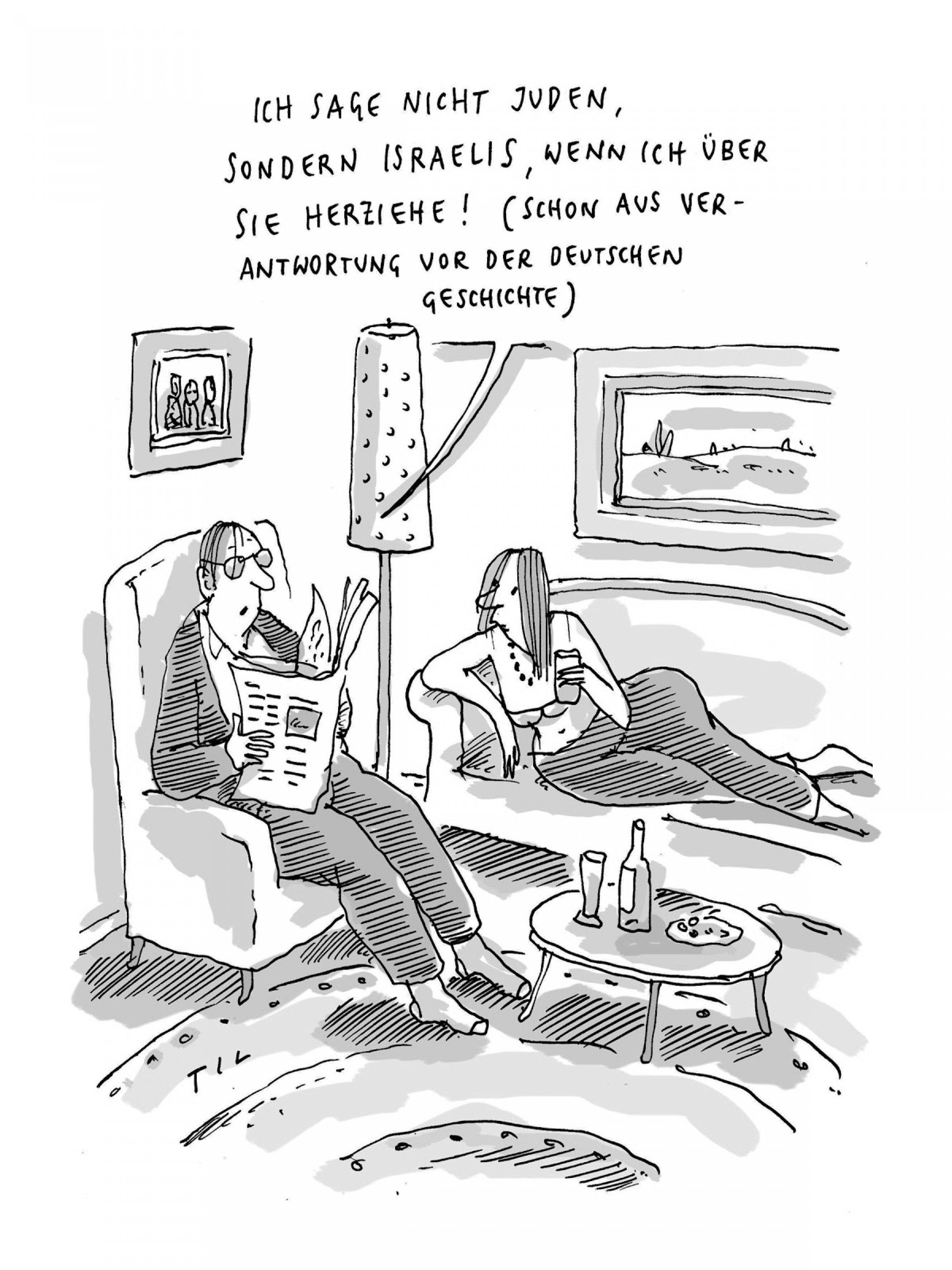 “I don’t call them Jews, I call them Israelis when I mock them, out of respect for our German history," by Til Mette, “#Anti-Semitismus für Anfänger: Eine Anthologie,” Ariella Verlag, 2020. A black and white cartoon of two people talking in a living room.