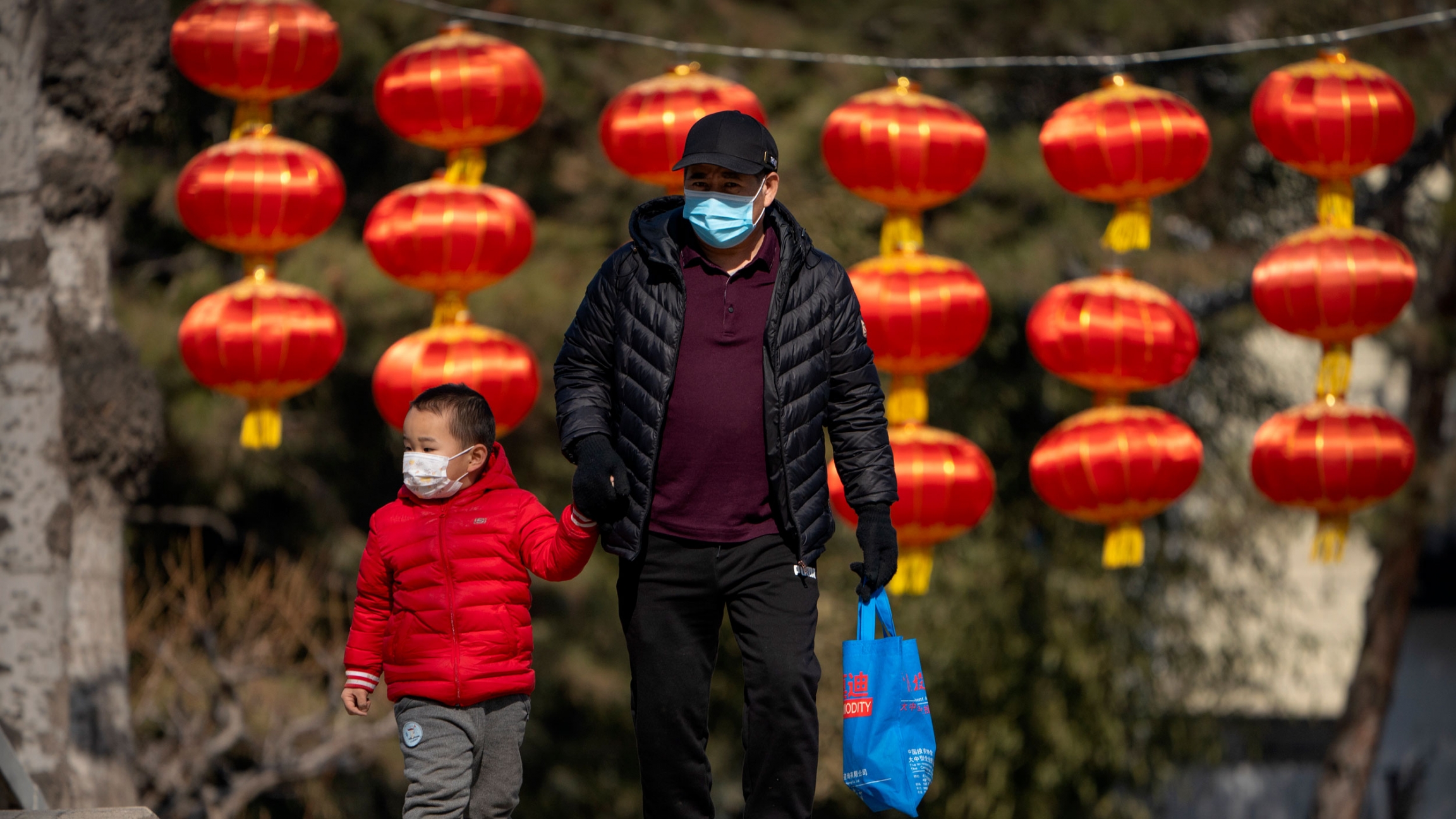 A man and child wearing face masks to protect against the spread of the coronavirus walk past lanterns at a public park in Beijing, Feb. 19, 2021. A man is shown wearing a black puffy jacket while hold the hand of a child wearing a red puffy jacket.