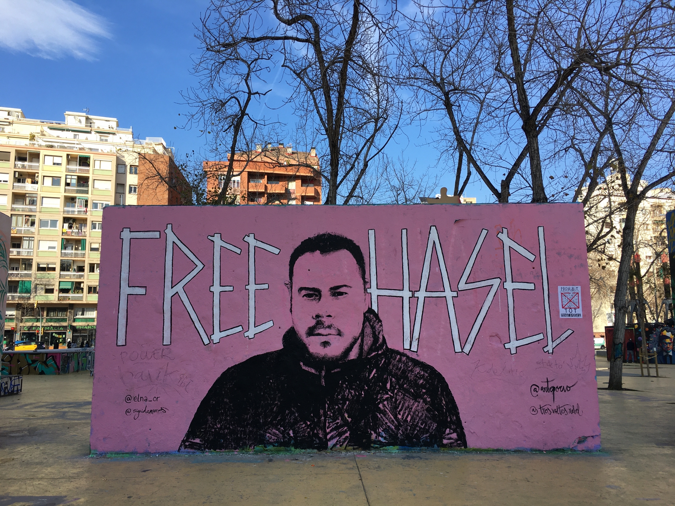 Protesters across Spain have taken to the streets to demand rapper Pablo Hasél’s release from prison and murals like this one have gone up across the country. This one from downtown Barcelona was painted earlier in the month, before the rapper's recent ar Protesters across Spain have taken to the streets to demand rapper Pablo Hasél’s release from prison and murals like this one have gone up across the country. This one from downtown Barcelona was painted earlier in the month, before the rapper's recent ar