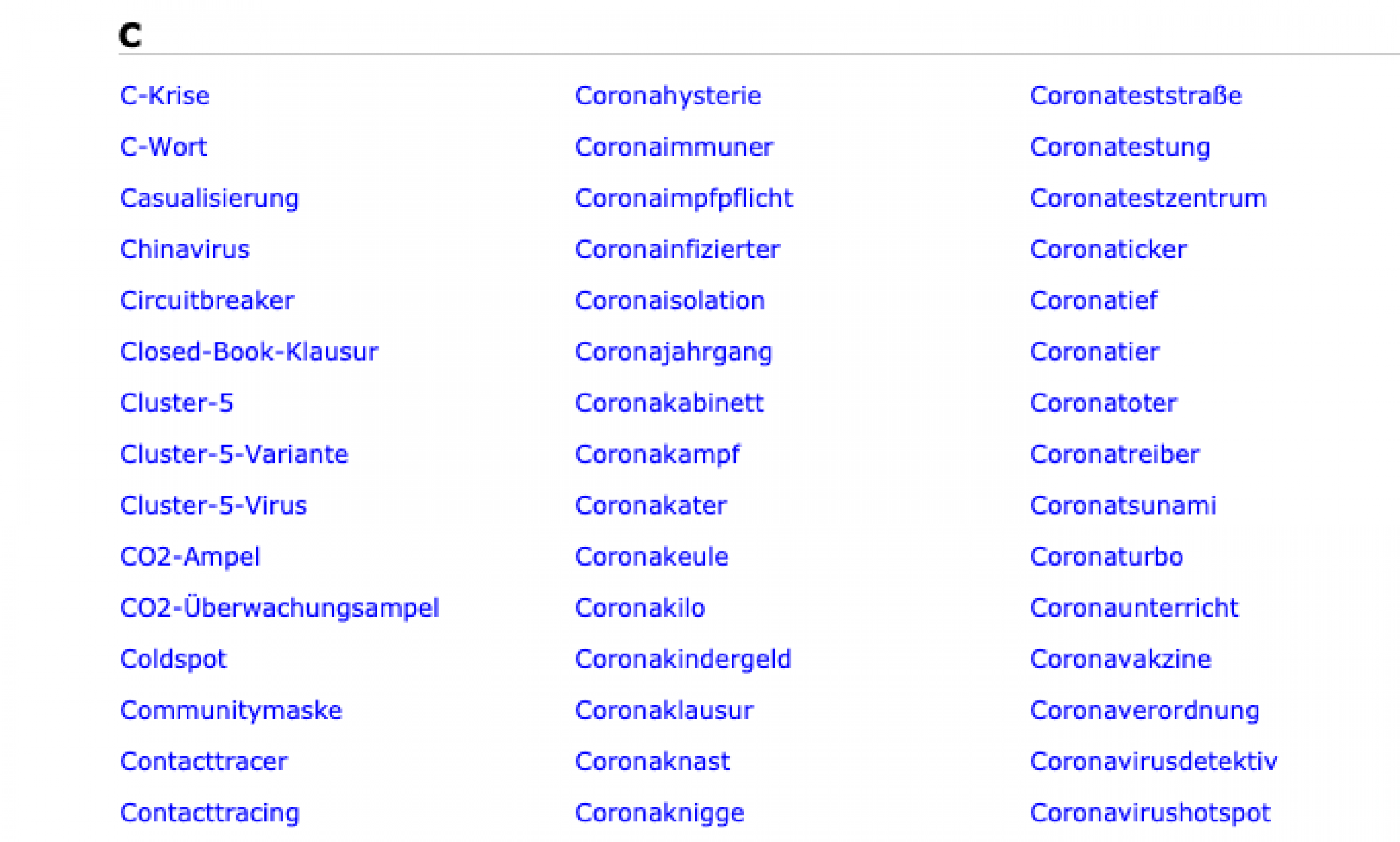 A screengrab of new words added to the German language during the coronavirus. A screengrab of words starting with the letter C and in three columns.