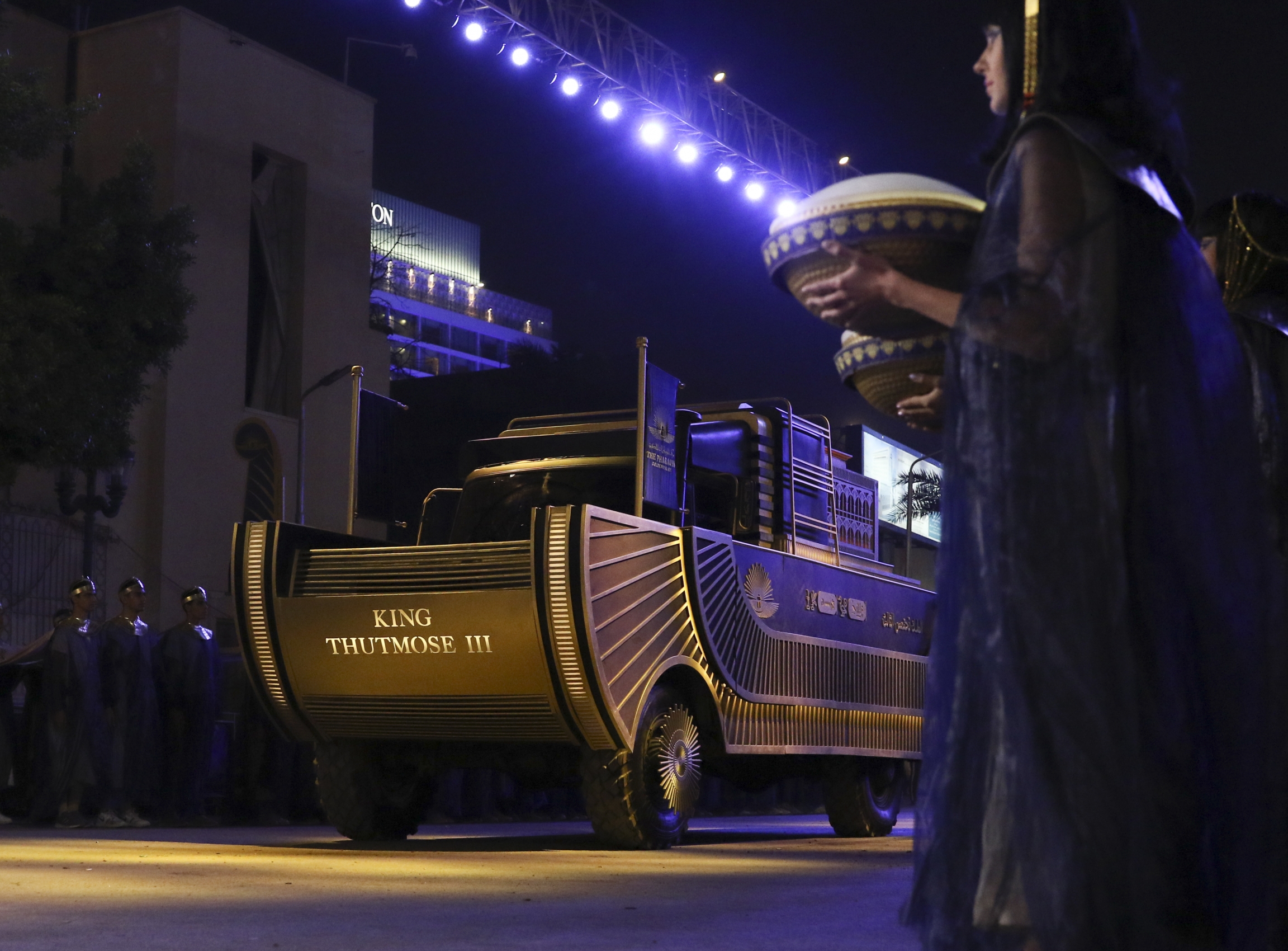 A convoy of vehicles transporting royal mummies is seen in Cairo, April 3, 2021. Egypt held a parade celebrating the transport of 22 of its prized royal mummies from the Egyptian Museum to the newly opened National Museum of Egyptian Civilization. A convoy of vehicles transporting royal mummies is seen in Cairo, April 3, 2021. Egypt held a parade celebrating the transport of 22 of its prized royal mummies from the Egyptian Museum to the newly opened National Museum of Egyptian Civilization.