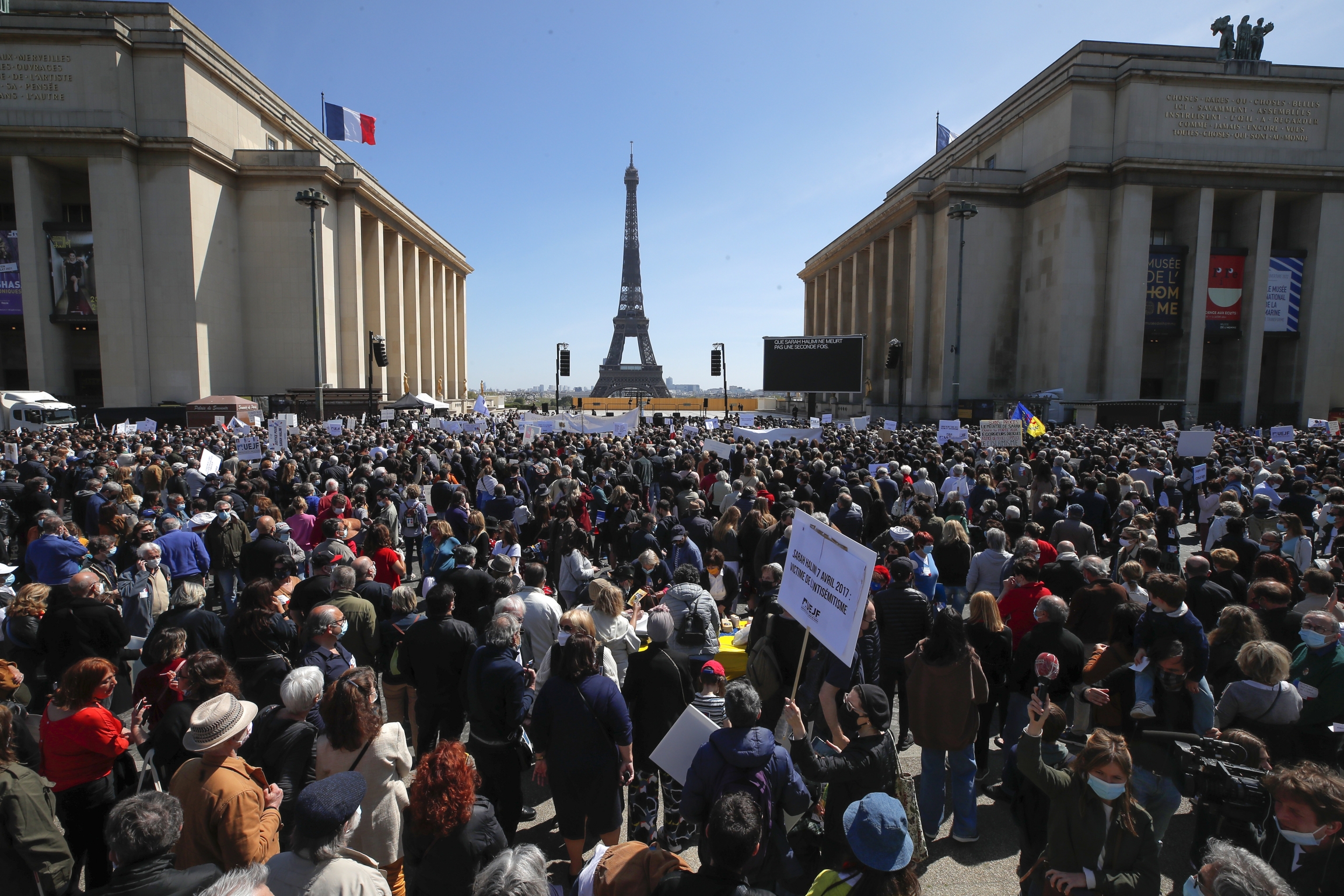 People stage a protest organized by Jewish associations, who say justice has not been done for the killing of French Jewish woman Sarah Halimi, at Trocadero Plaza near Eiffel Tower in Paris, Sunday, April 25, 2021. People stage a protest organized by Jewish associations, who say justice has not been done for the killing of French Jewish woman Sarah Halimi, at Trocadero Plaza near Eiffel Tower in Paris, Sunday, April 25, 2021.