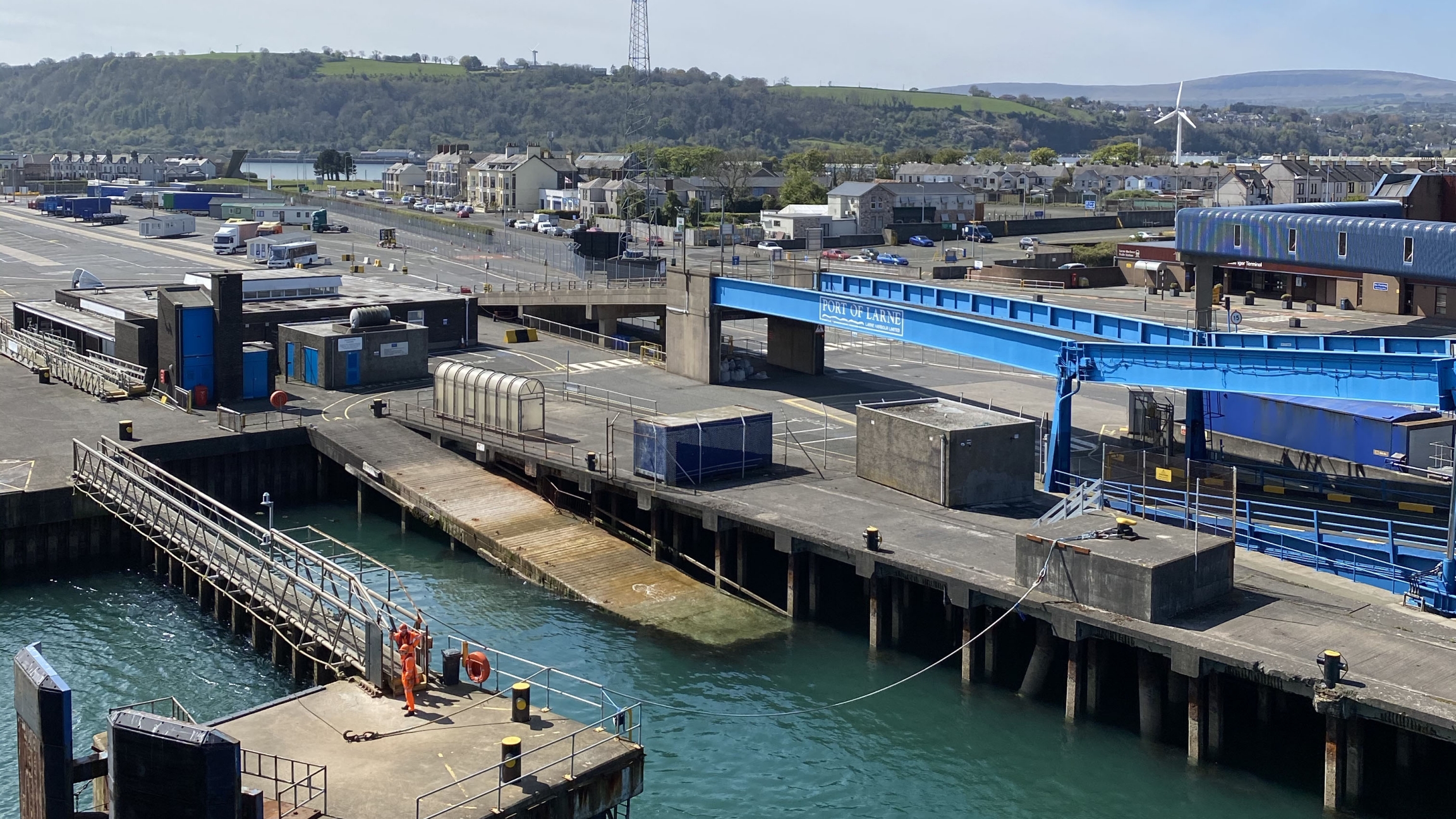 The port of Larne, where goods from mainland Britain are checked, has become a key flashpoint for protests. Larne port stretches out into the waters with shipping containers.