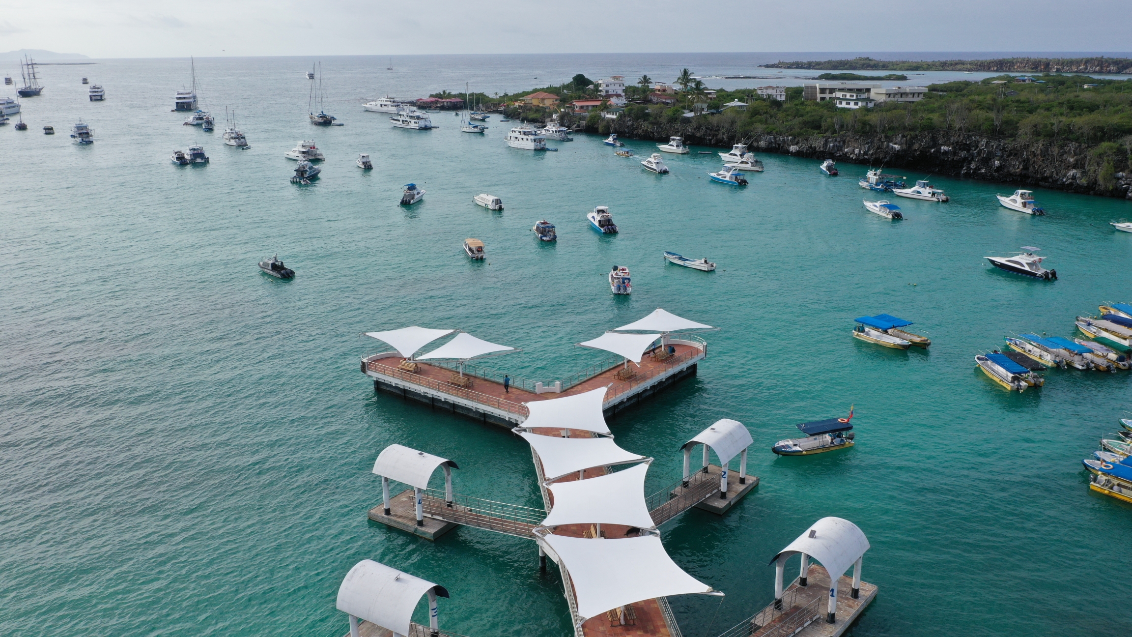 Cruise boats that used to take tourists around the islands now spend much of their time anchored at the main harbor in Puerto Ayora. Cruise boats that used to take tourists around the islands now spend much of their time anchored at the main harbor in Puerto Ayora.