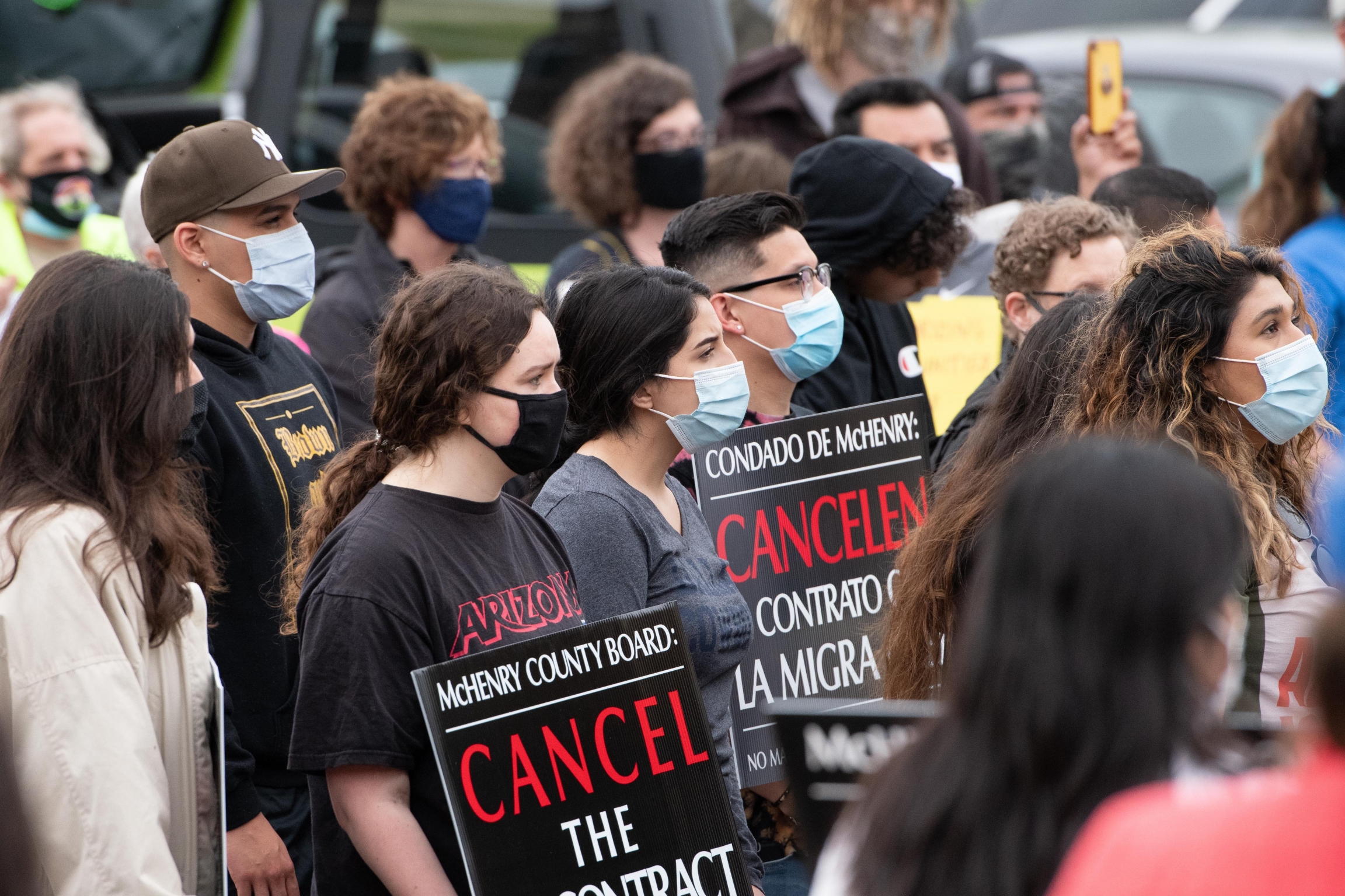 Immigration advocates gather outside the county building in McHenry County, Woodstock, Illinois on Tuesday, May 18, 2021. Immigration advocates gather outside the county building in McHenry county