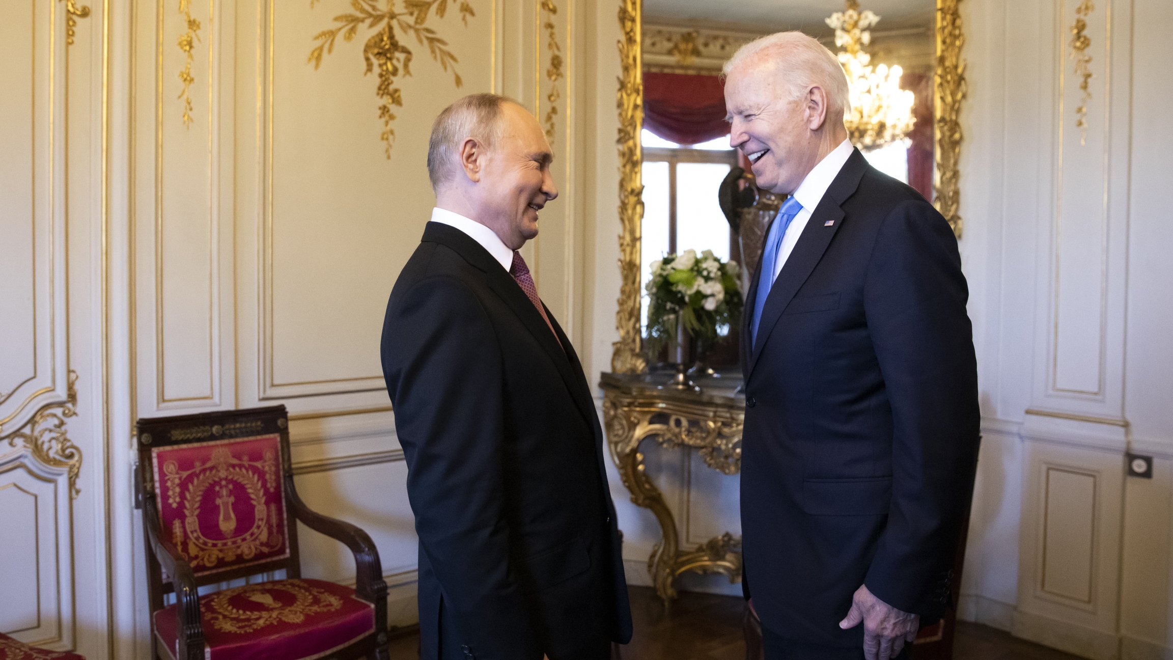 Russian president Vladimir Putin, left, talks with US President Joe Biden, right, during the US-Russia summit in Geneva, Switzerland, Wednesday, June 16, 2021. Russian president Vladimir Putin, left, talks with US President Joe Biden, right, during the US-Russia summit in Geneva, Switzerland, Wednesday, June 16, 2021.