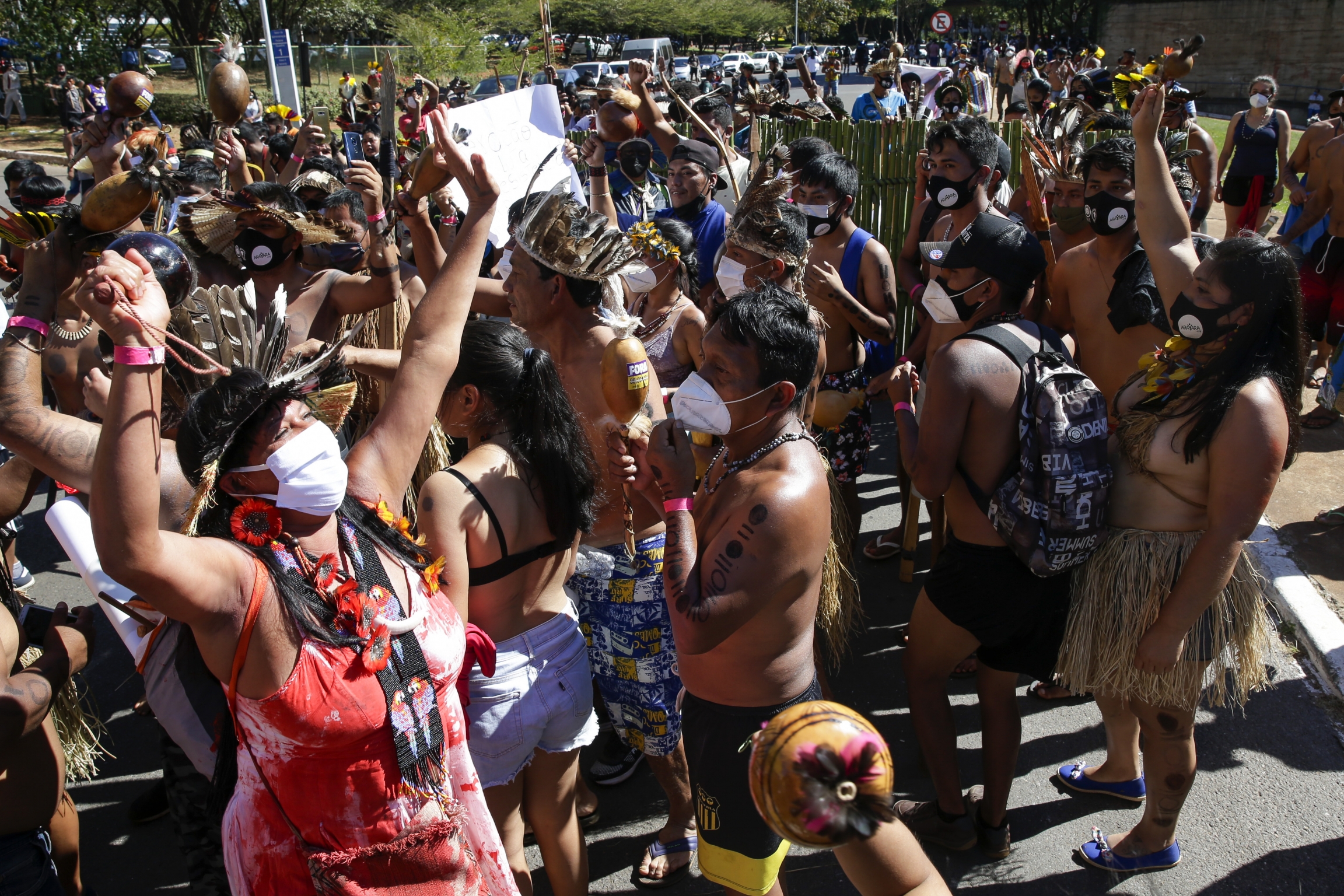 Protesters rally against a proposed bill Indigenous leaders say would limit recognition of reservation lands, outside Congress in Brasilia, Brazil, Tuesday, June 22, 2021. Protesters rally against a proposed bill Indigenous leaders