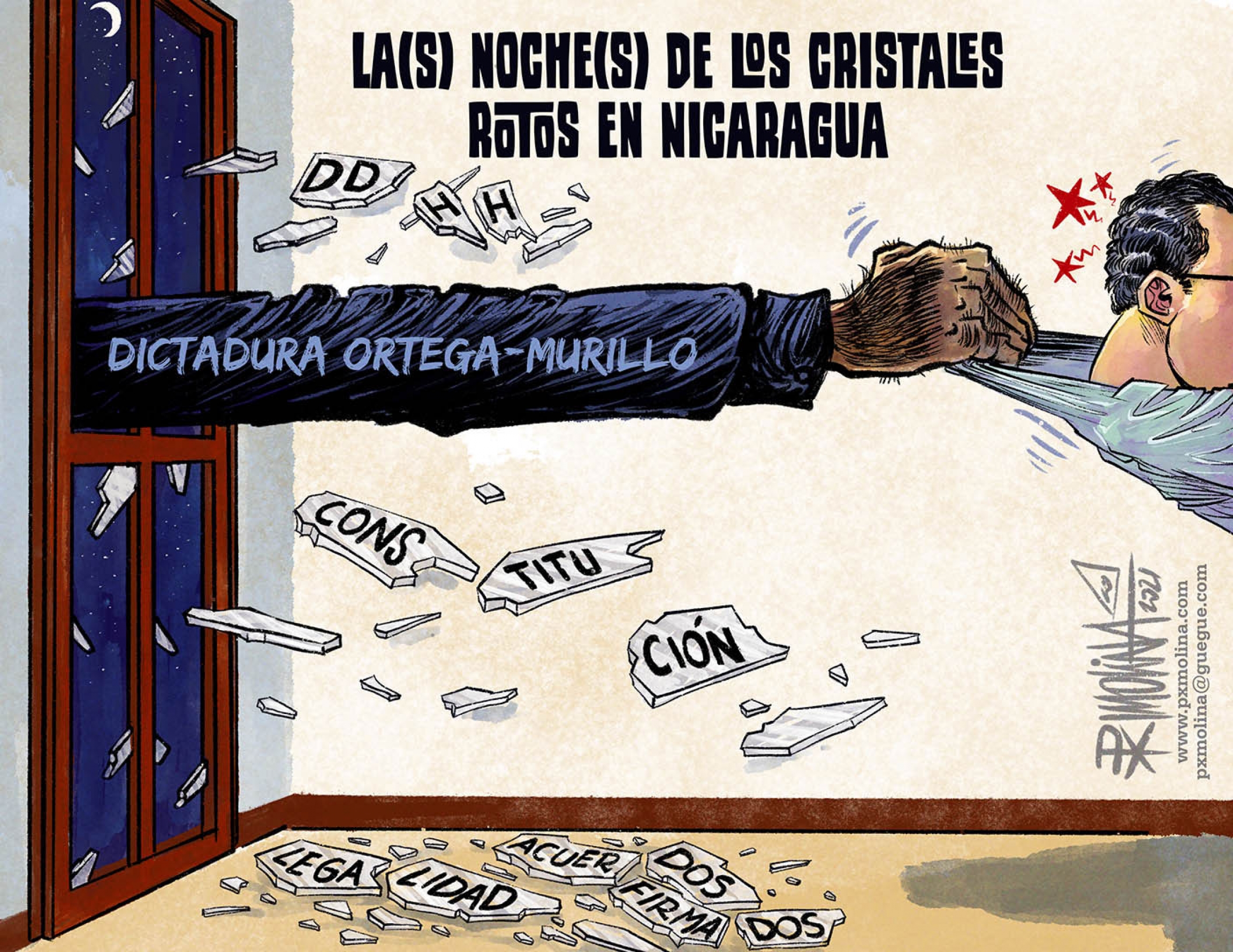 Kristallnacht in Nicaragua, a reference to the current crackdown on the press in Nicaragua. It was drawn yesterday, June 23, 2021. A cartoon showing a long arm reaching through broken glass and pulling the shirt of a person from behind.
