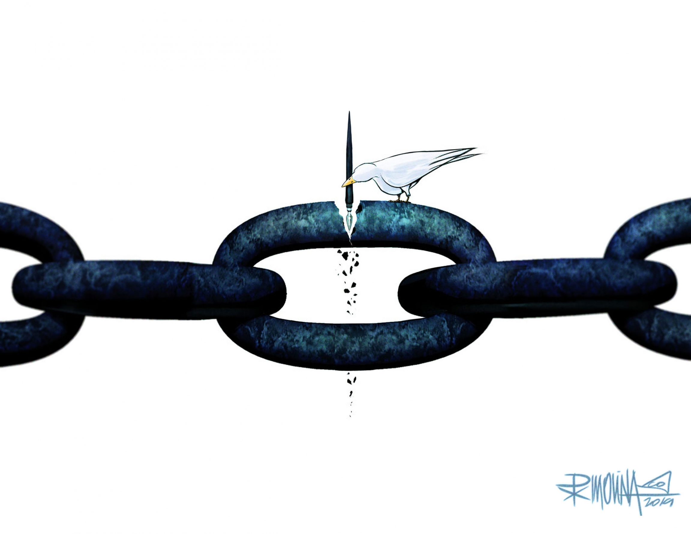 A comment on freedom of the press in Nicaragua and how it's necessary to fight political oppression. A cartoon showing a large chain and a white bird with a pen cracking through the chain.