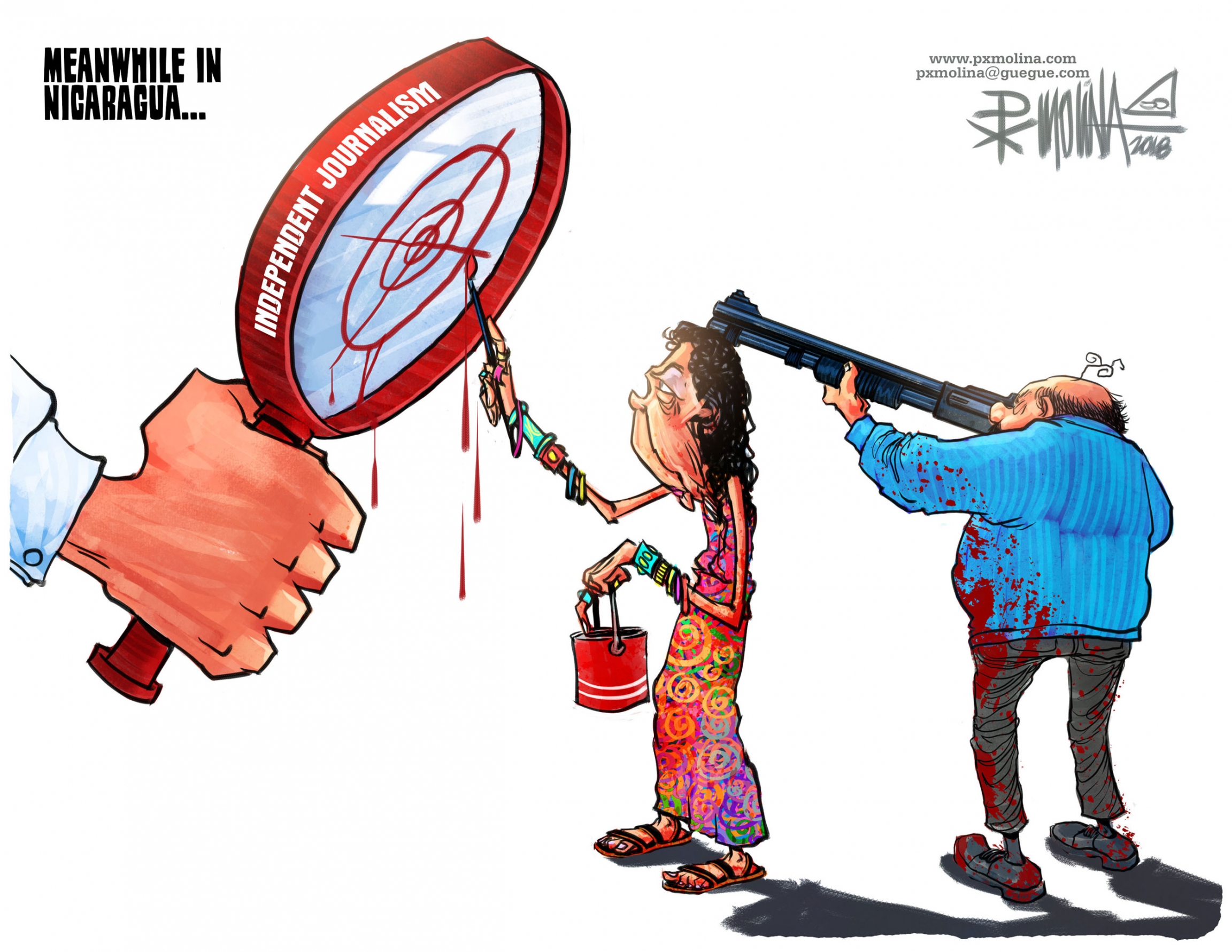 A comment on the crackdown on journalism by Nicaraguan President Daniel Ortega and his wife Rosaria Murillo, who is also vice president of the country. A cartoon showing a man with a rifle pointed at a magnify glass and a woman painting a red target on the glass.