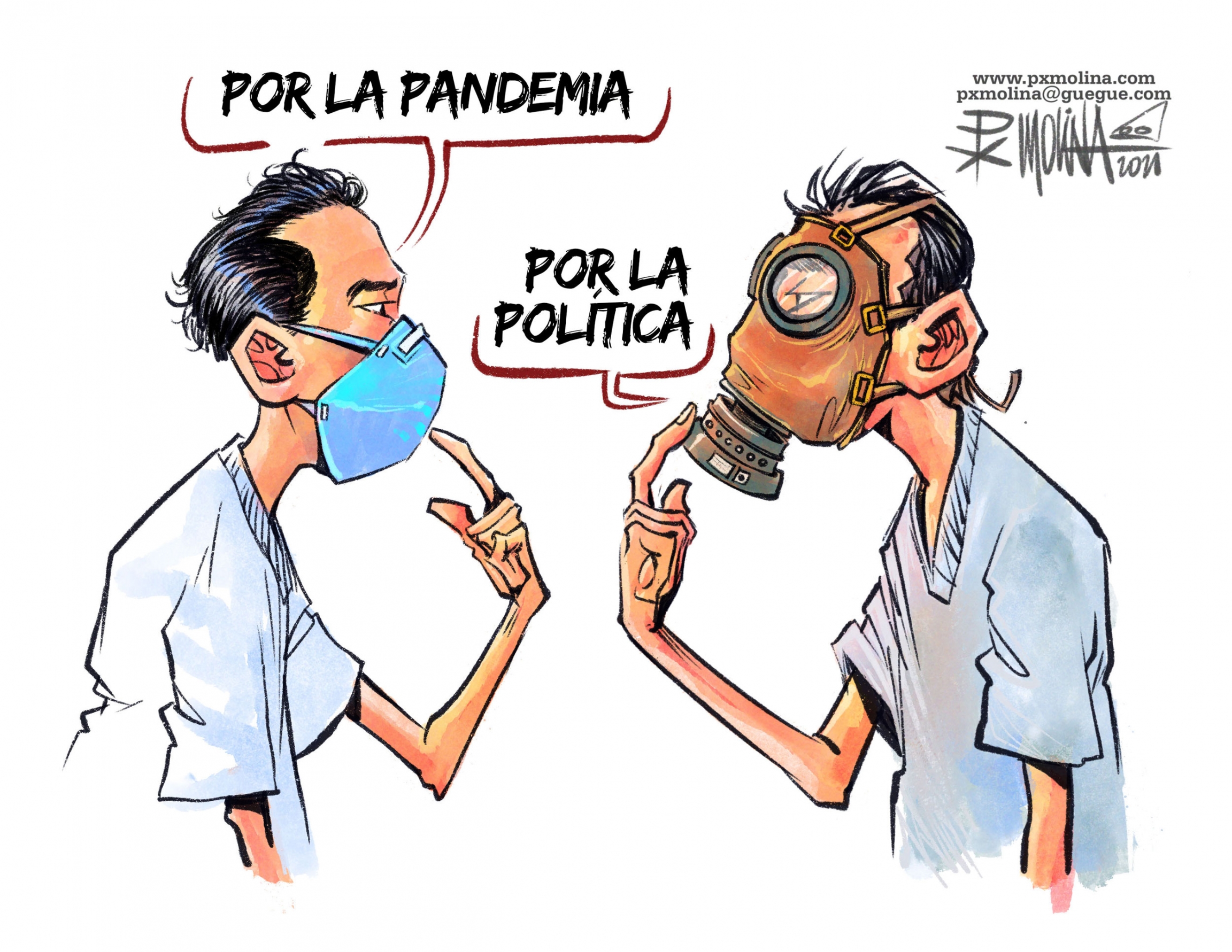 A cartoon playing off the need for masks in Nicaragua to protect against COVID-19. The man on left is saying: "For the pandemic." The man on the right is saying: "For the politics." A cartoon showing a man on the left wearing a blue medical mask and a man on the righ wearing a gas mask.