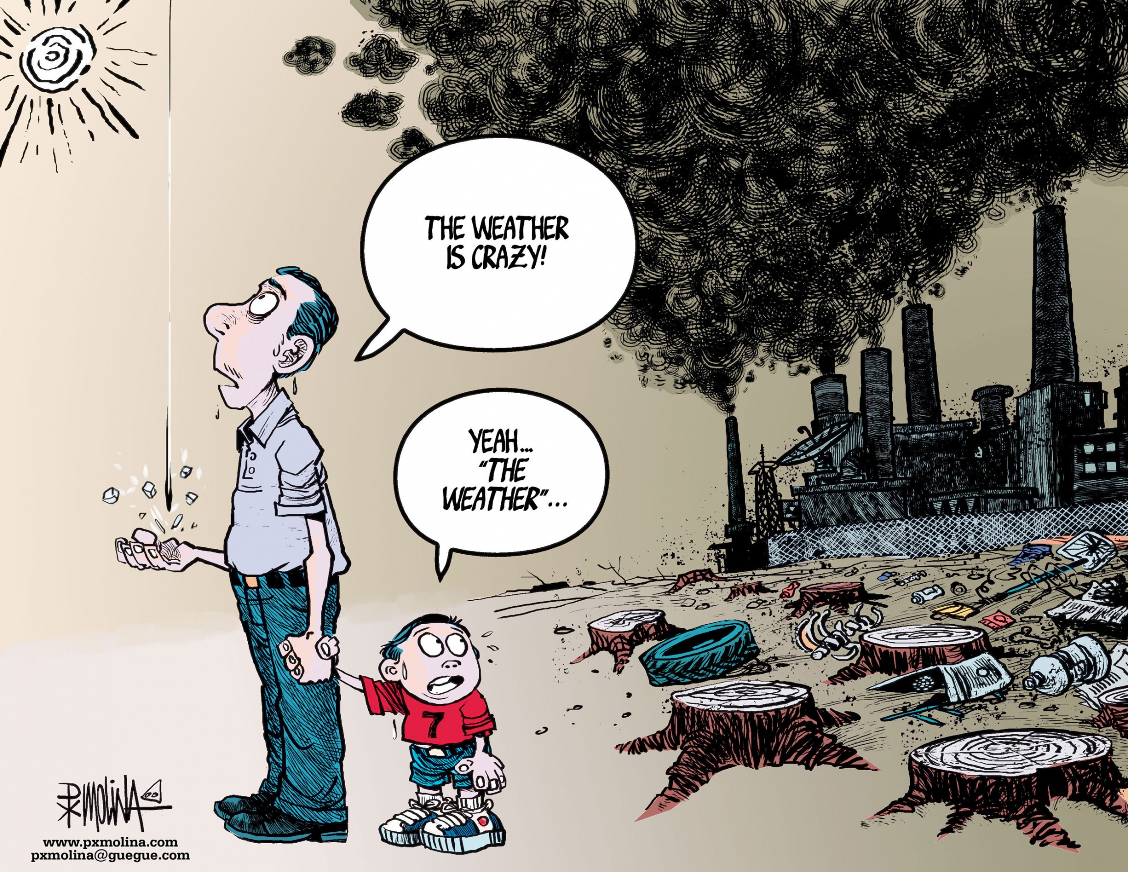 A comment about climate change. A cartoon showing a man looking up and a young boy looking back at a factory polluting the air and clear cut forest.