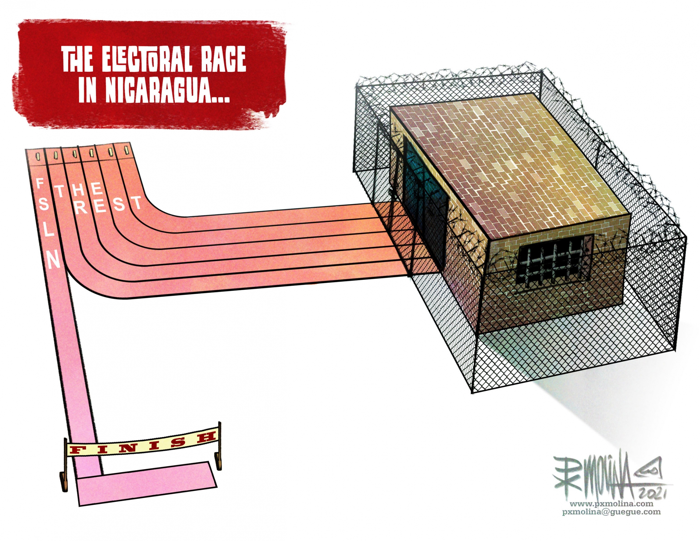 This cartoon is a comment on the number of presidential candidates running against Nicaraguan President Daniel Ortega who have been detained in recent months. A cartoon shows a racetrack with one line going to a finish line and the rest of the lines leading to a prison.