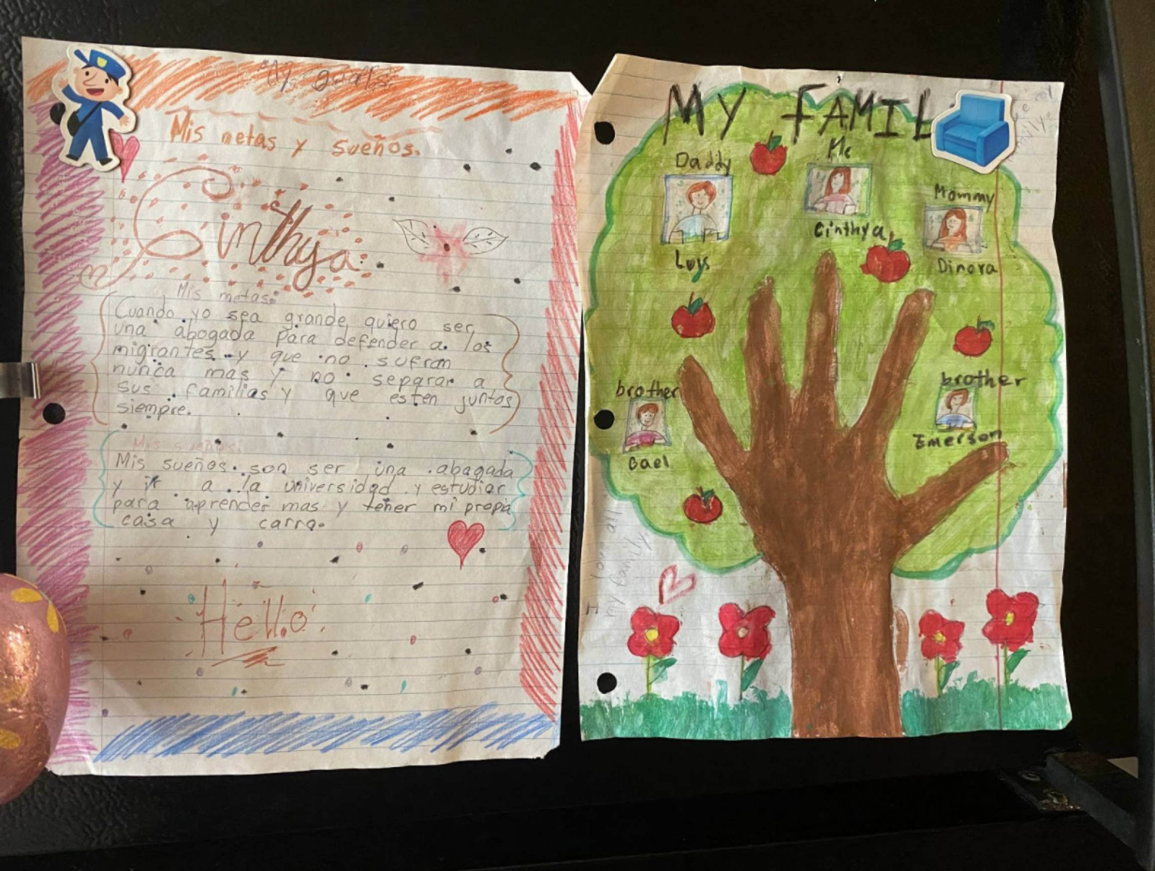 Drawings and writing by Cinthya Hernandez, 11, are posted on her family’s refrigerator. Drawings and writing by Cinthya Hernandez, 11, are posted on her family’s refrigerator.