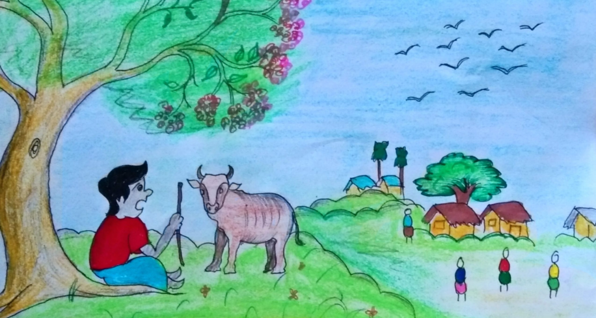 "The Foolish Villagers," an illustration by Mayyu Khan, a Rohingya artist living in Kutupalong Refugee Camp, from "Rohingya Folk Tales" by Mohammed Rezuwan. A drawing of a village scene with a person wearing a red shirt and a pig.